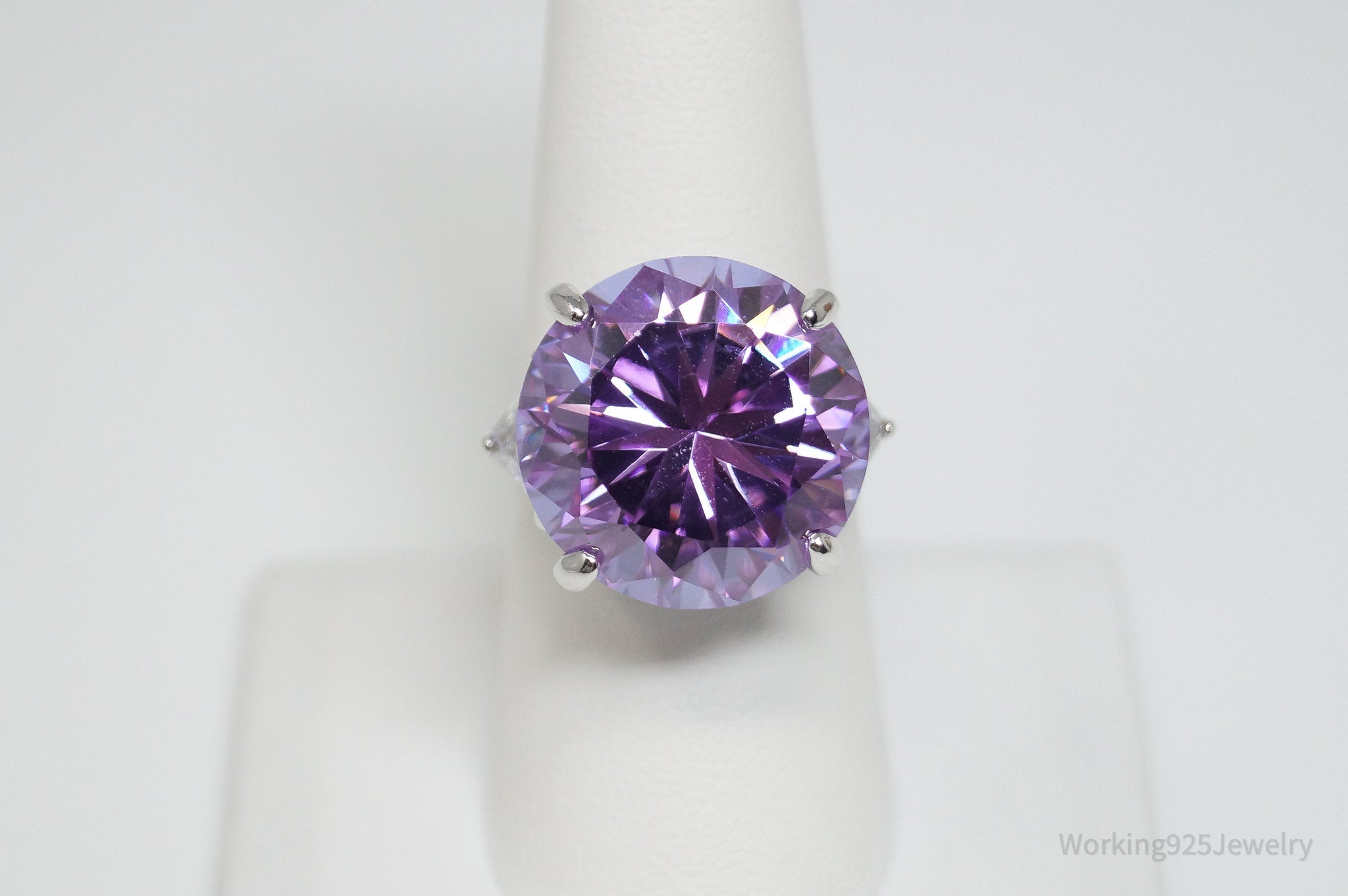 Vintage Purple & White Cubic Zirconia Sterling Silver Cocktail Ring - Sz 7.75