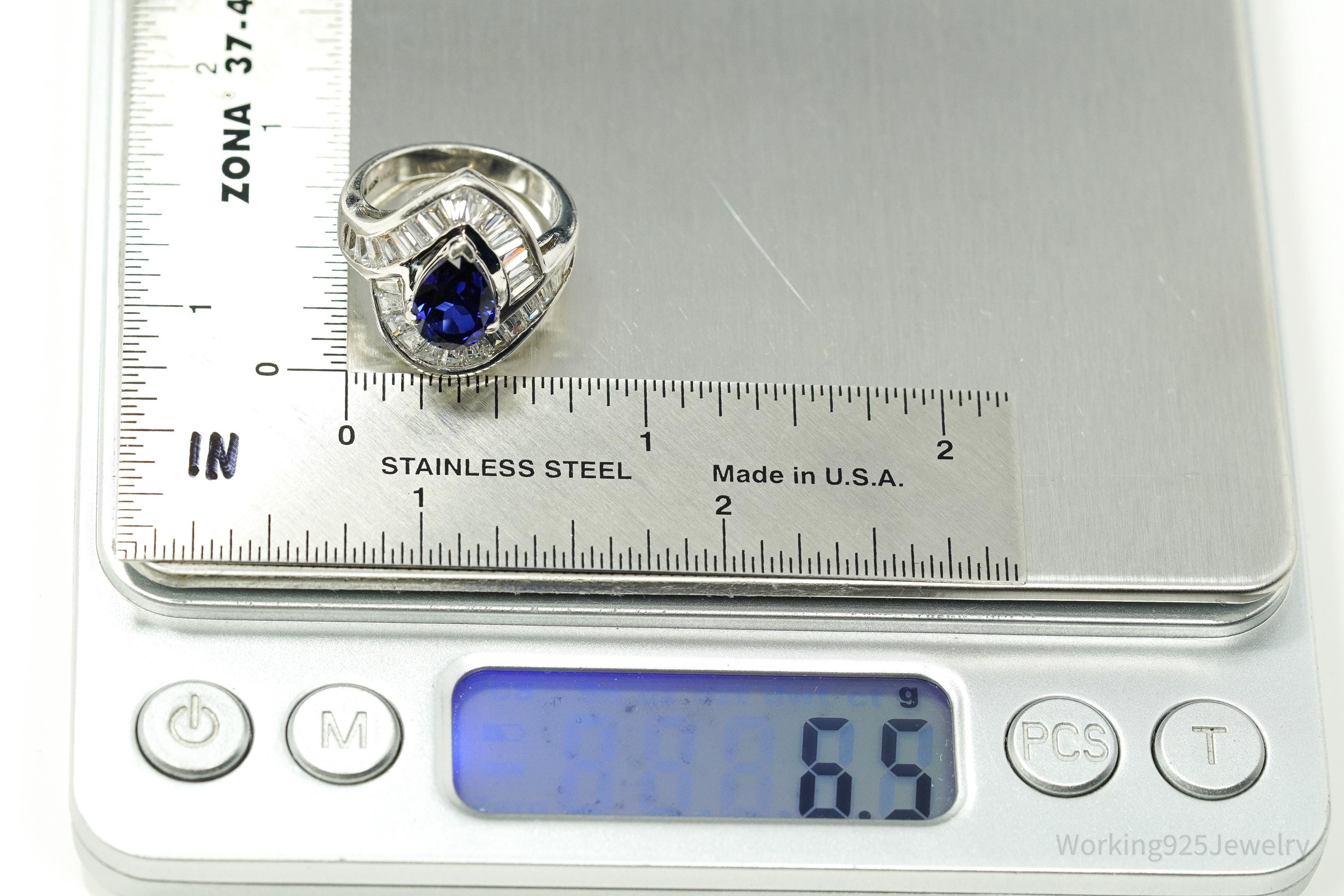 Vintage Lab Sapphire & Cubic Zirconia Rhodium Plated Sterling Silver Ring - Size 6