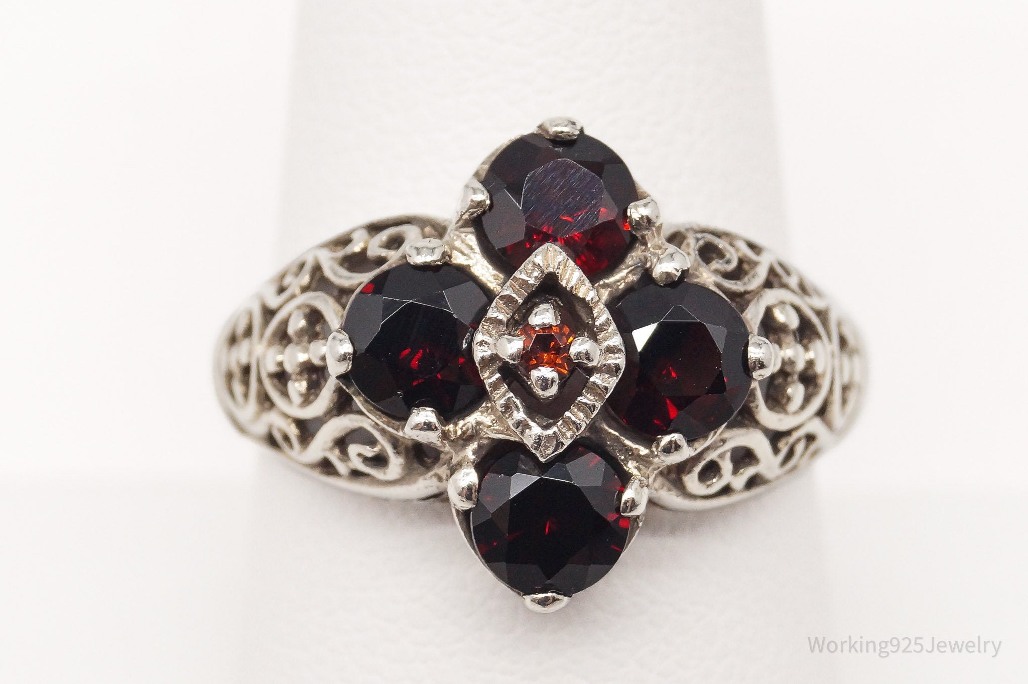 Vintage Garnet Filigree Sterling Silver Ring - Size 8.75