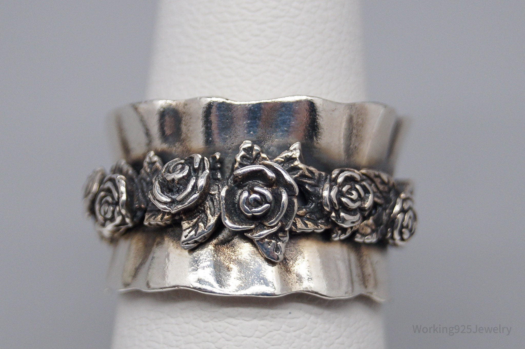 Vintage Israel Designer RL Sterling Silver Roses Band Ring - Size 5.75