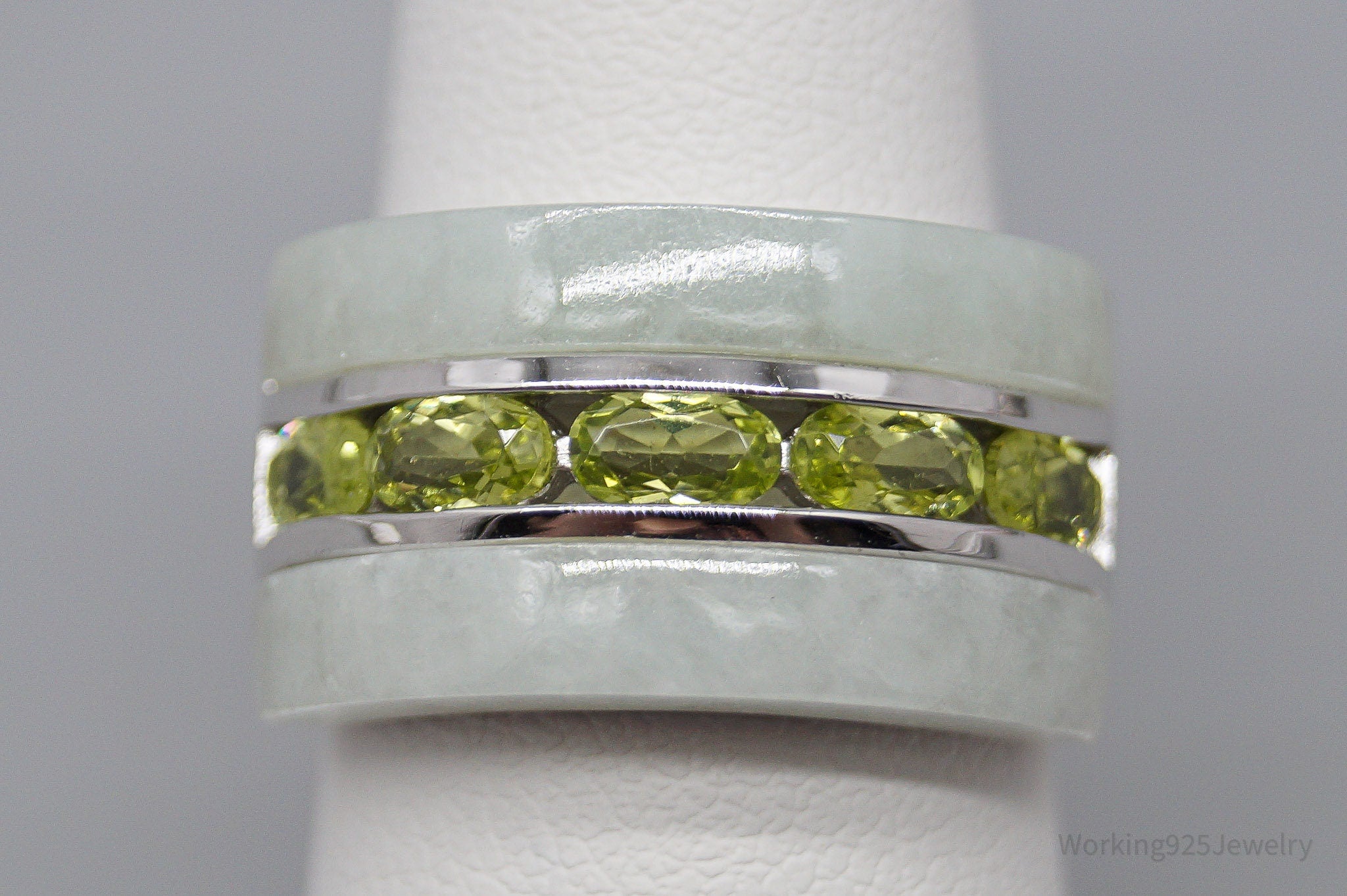 Green Jade & Peridot Sterling Silver Ring - Size 6.75