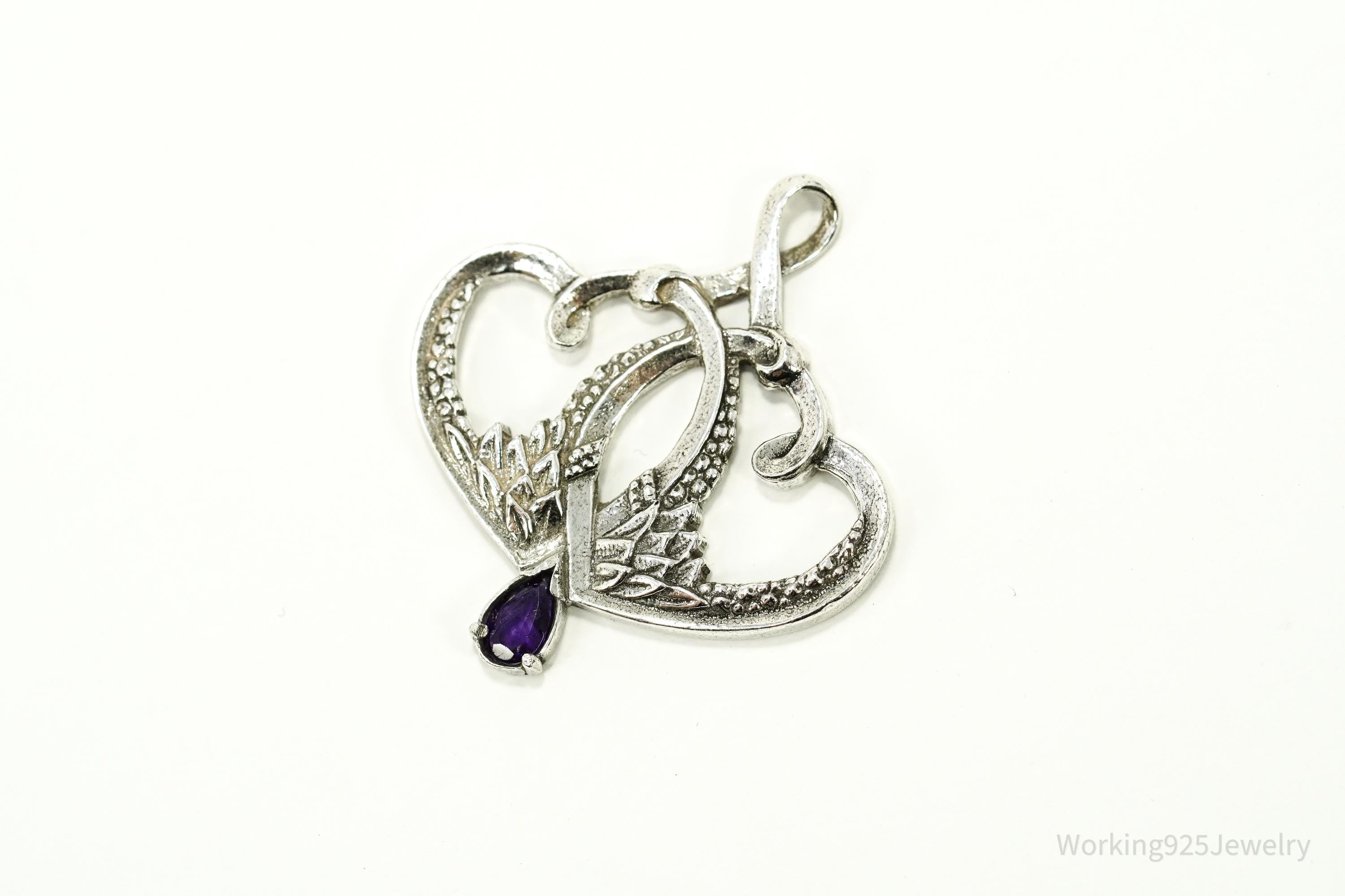 Vintage 1893 GRADH Franklin Mint Double Heart Amethyst Sterling Silver Pendant