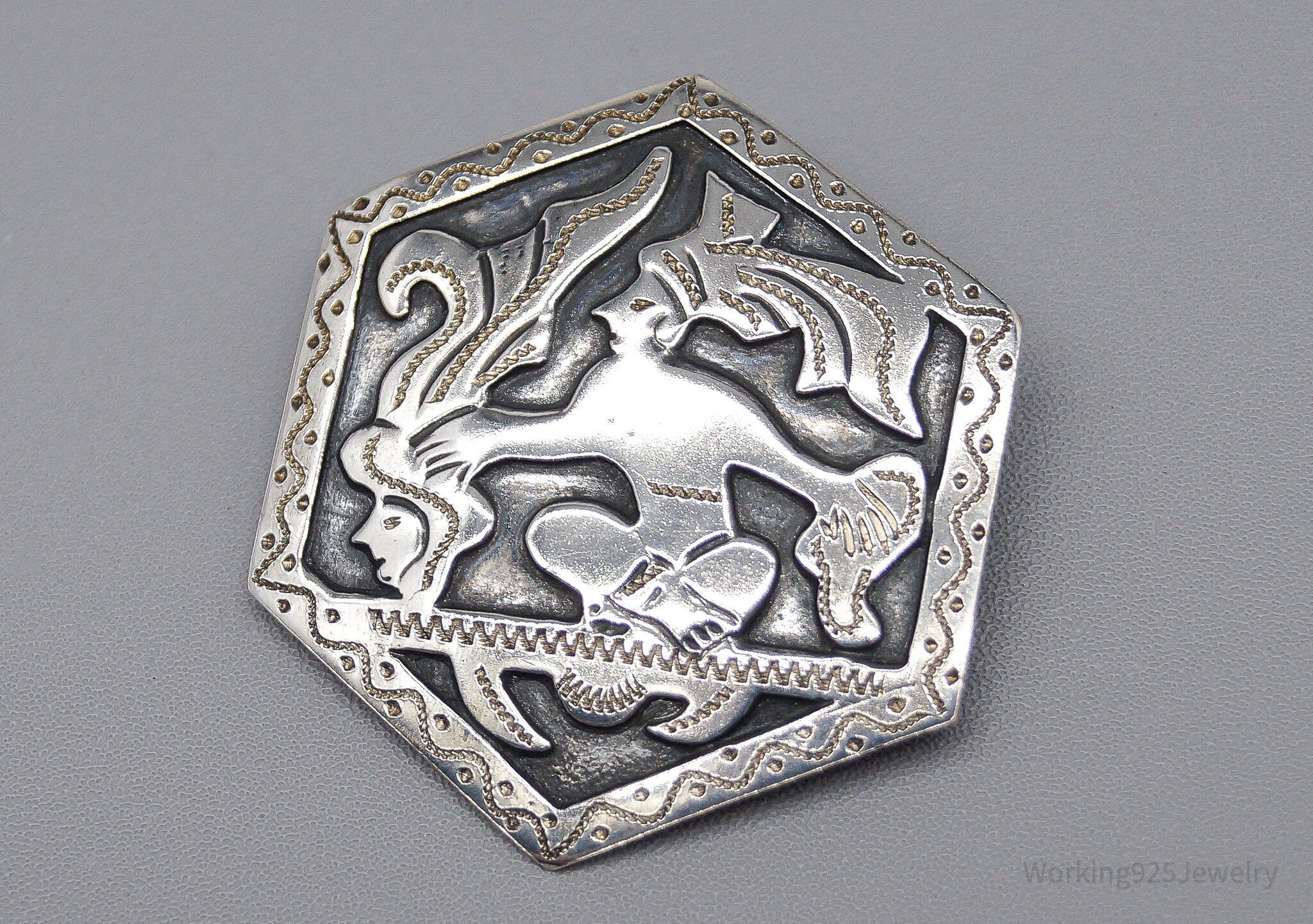 Large Vintage Guatemala Tribe Silver Brooch Pin