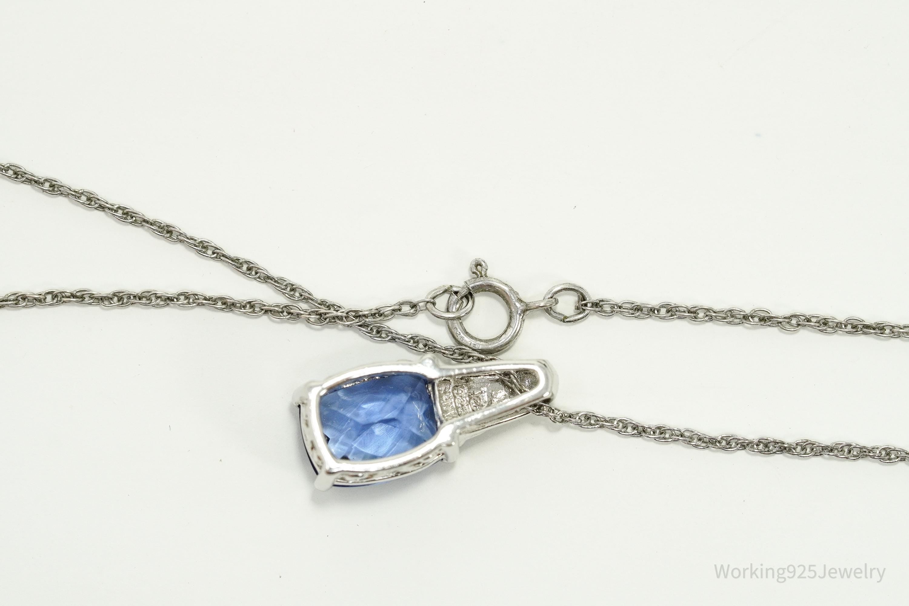 Vintage Ross Simons Lab Created Blue Sapphire & Single Diamond Sterling Silver Necklace 18"