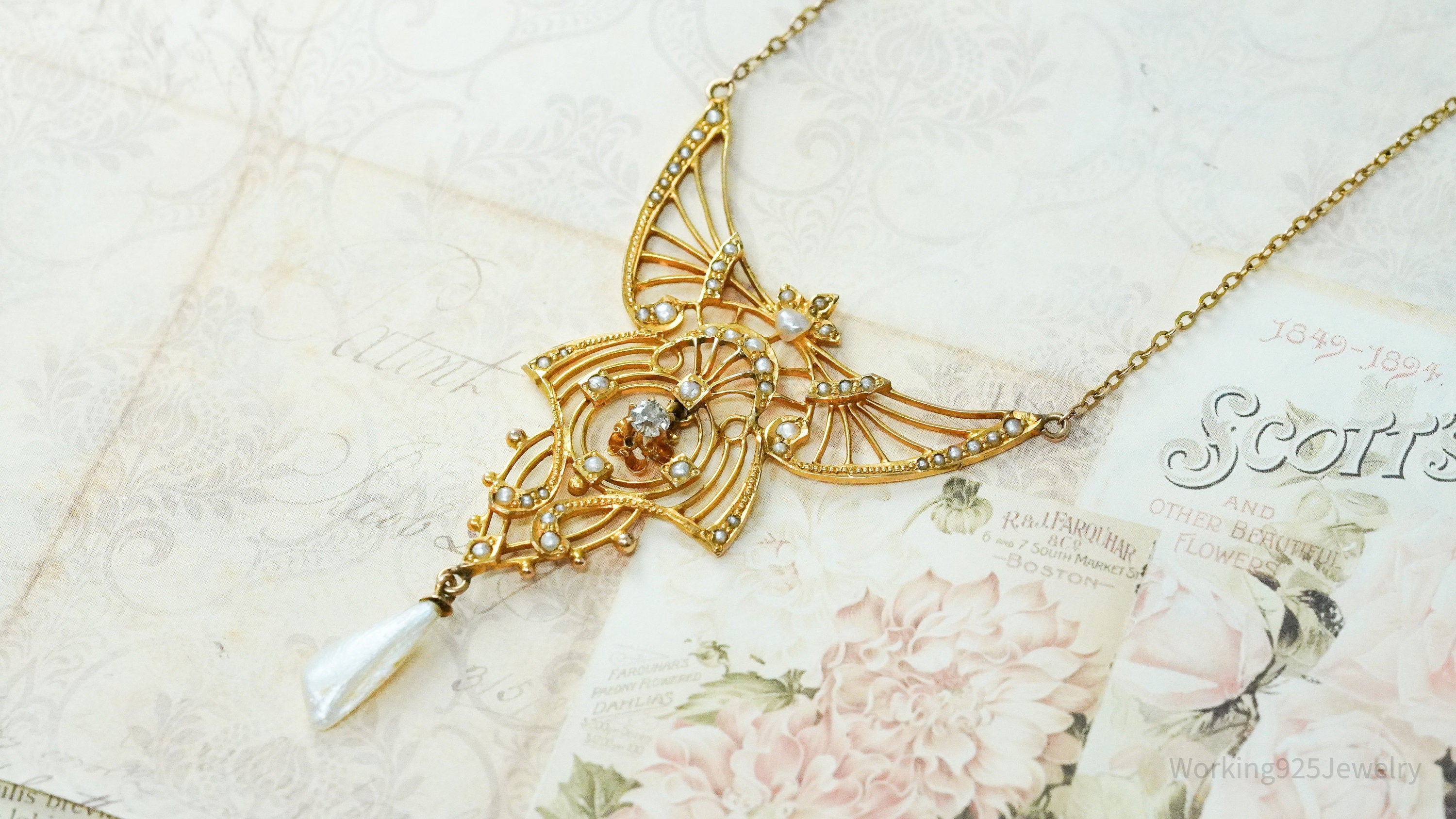 Ornate 14K Yellow Gold, Pearl & Diamond Pendant Necklace - 17"