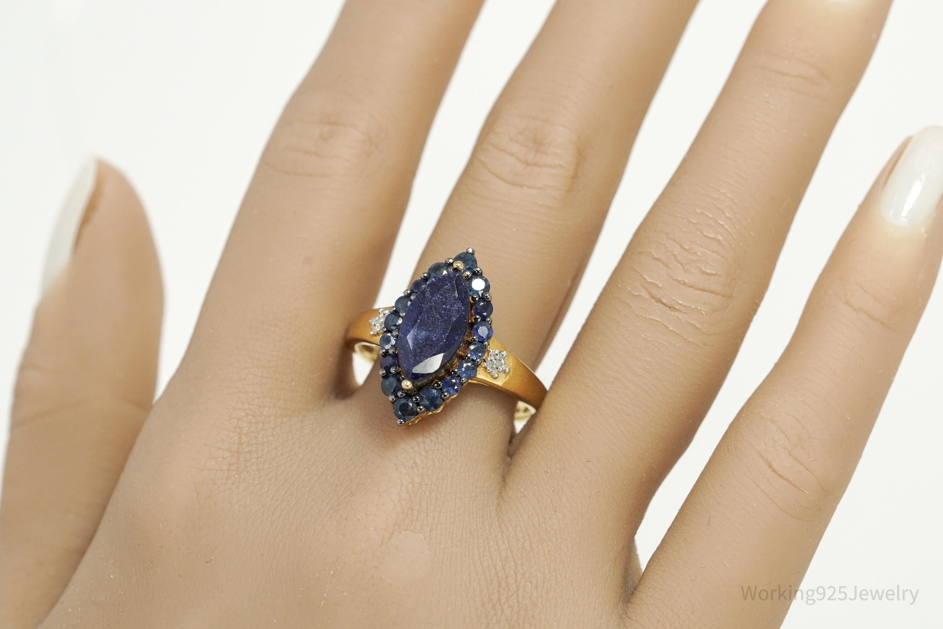 Vintage 70s Sapphire & Diamond Marquise Gold Over Sterling Cocktail Ring Sz 12