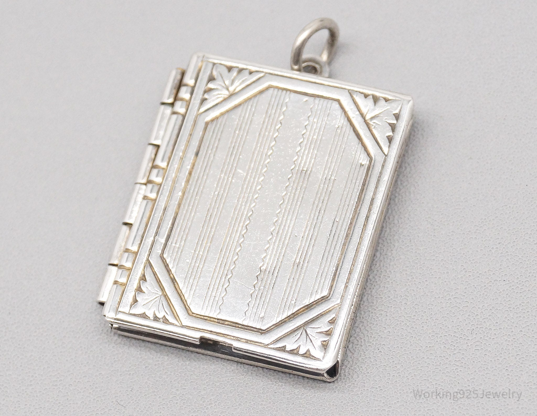 Antique Etched Sterling Silver Secret Book Locket Necklace Pendant