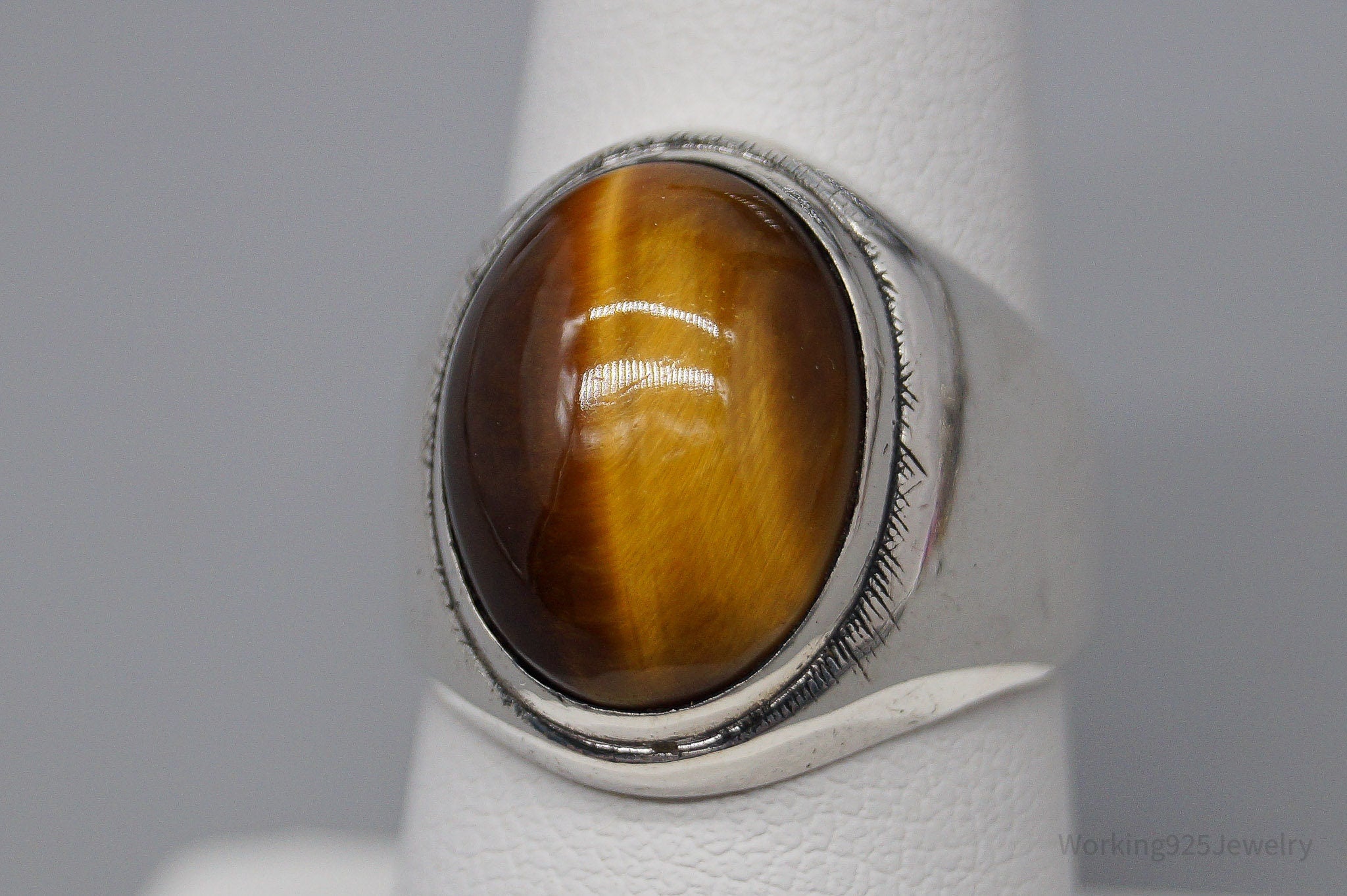 Antique Large Tigers Eye Sterling Silver Ring - Size 8