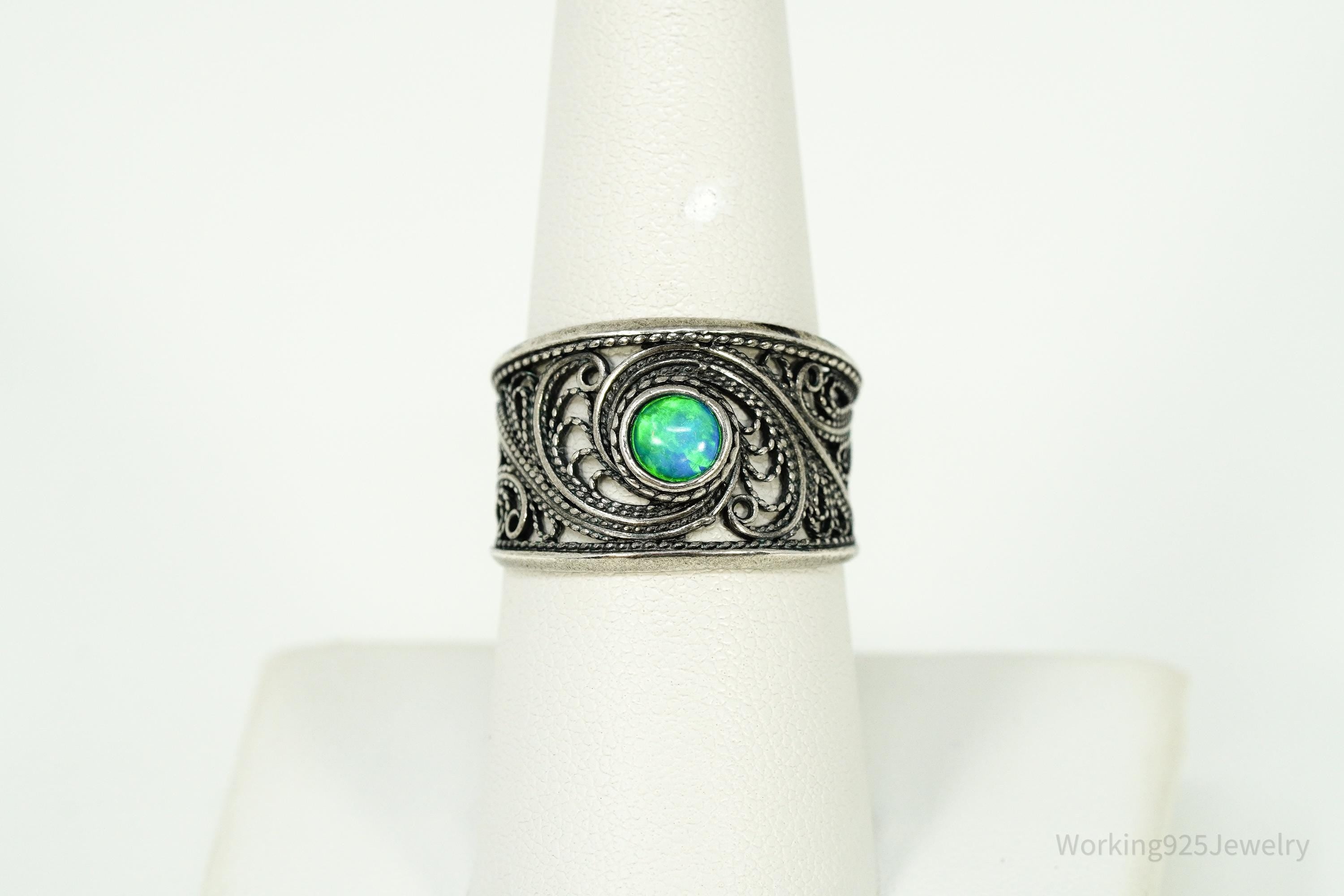 Vintage Opal Sterling Silver Filigree Ring - Size 8.25