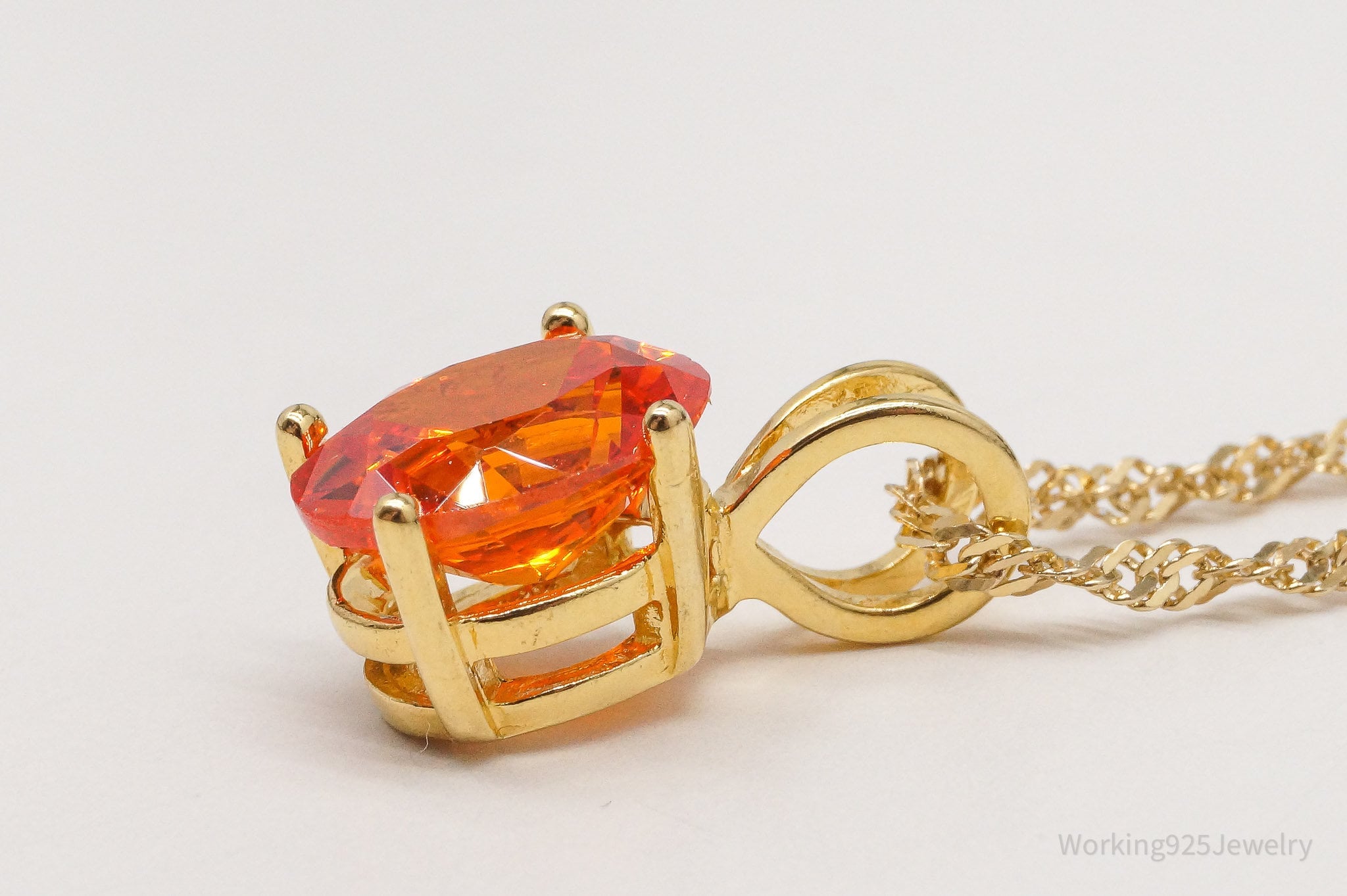 Vintage Fire Orange Cubic Zirconia Gold Vermeil Sterling Silver Necklace 18"