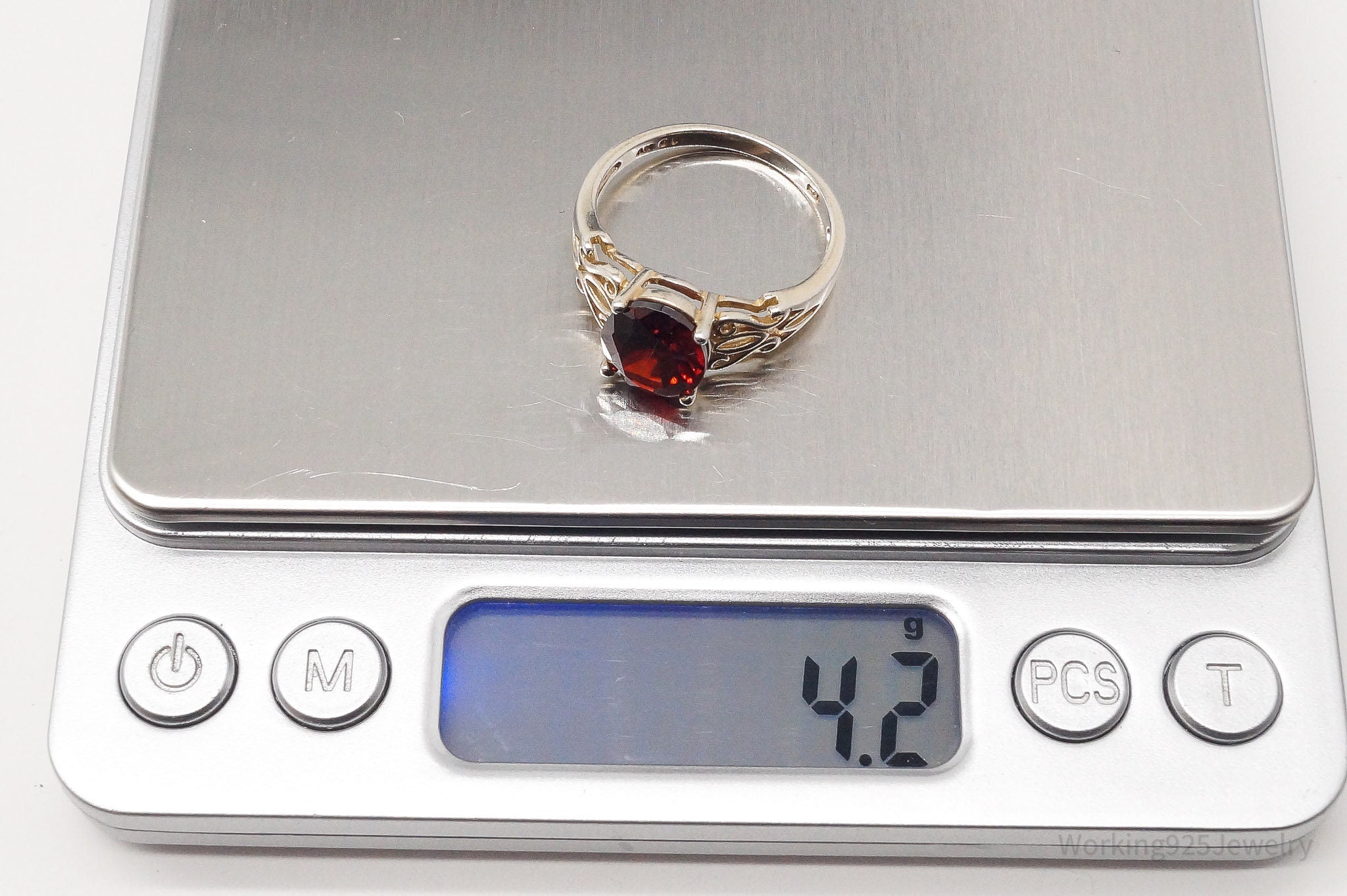 Vintage Large Red Cubic Zirconia Sterling Silver Ring - Size 10