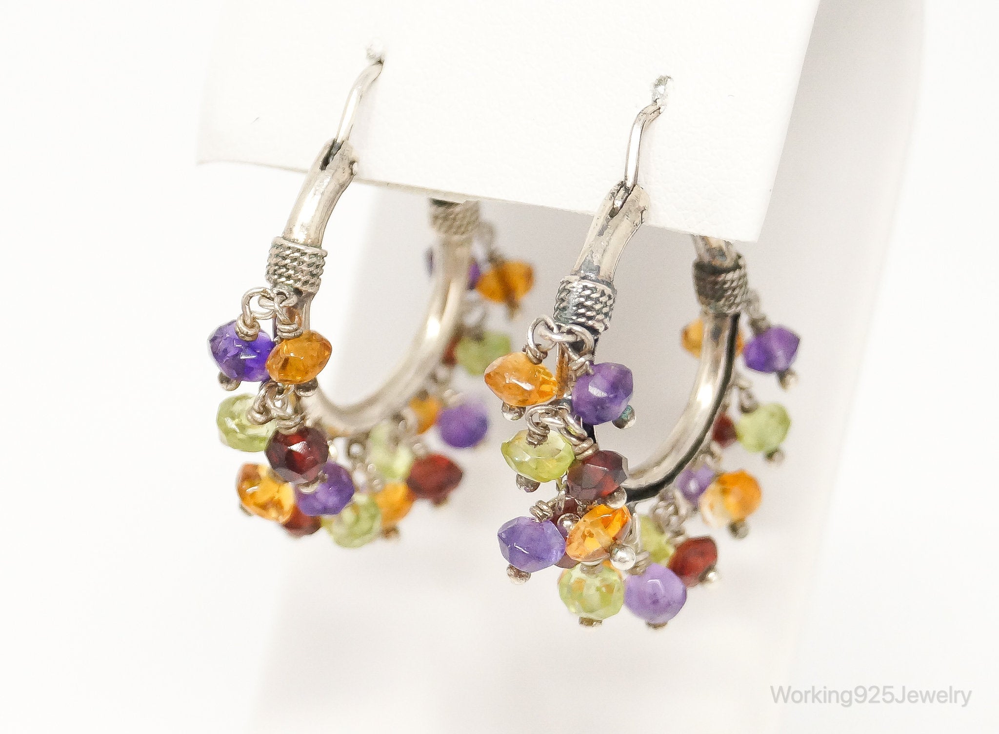 Vintage Multi Gemstone Beads Sterling Silver Hoop Earrings