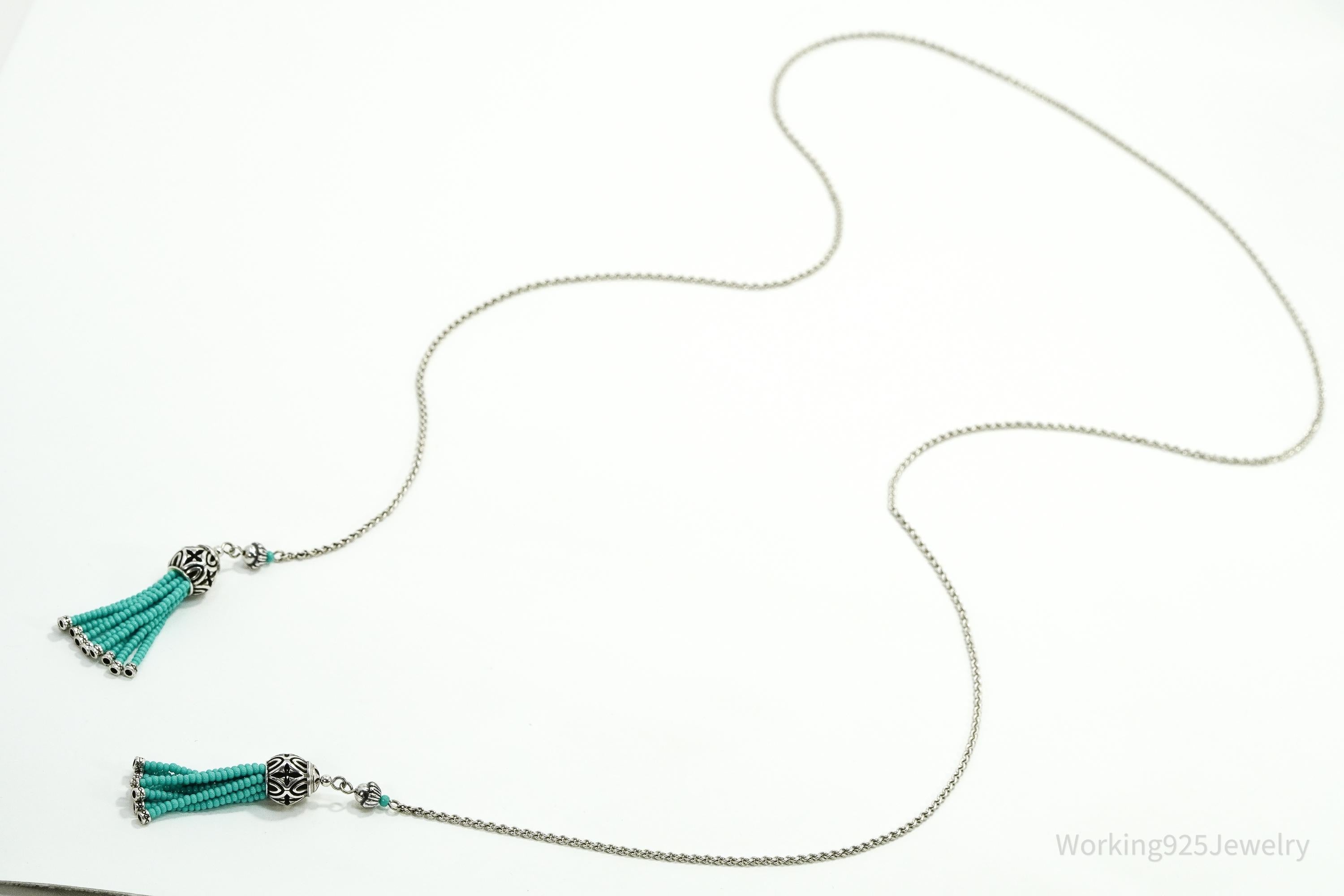 Long Vintage Turquoise Beaded Silver Chain Necklace 44"