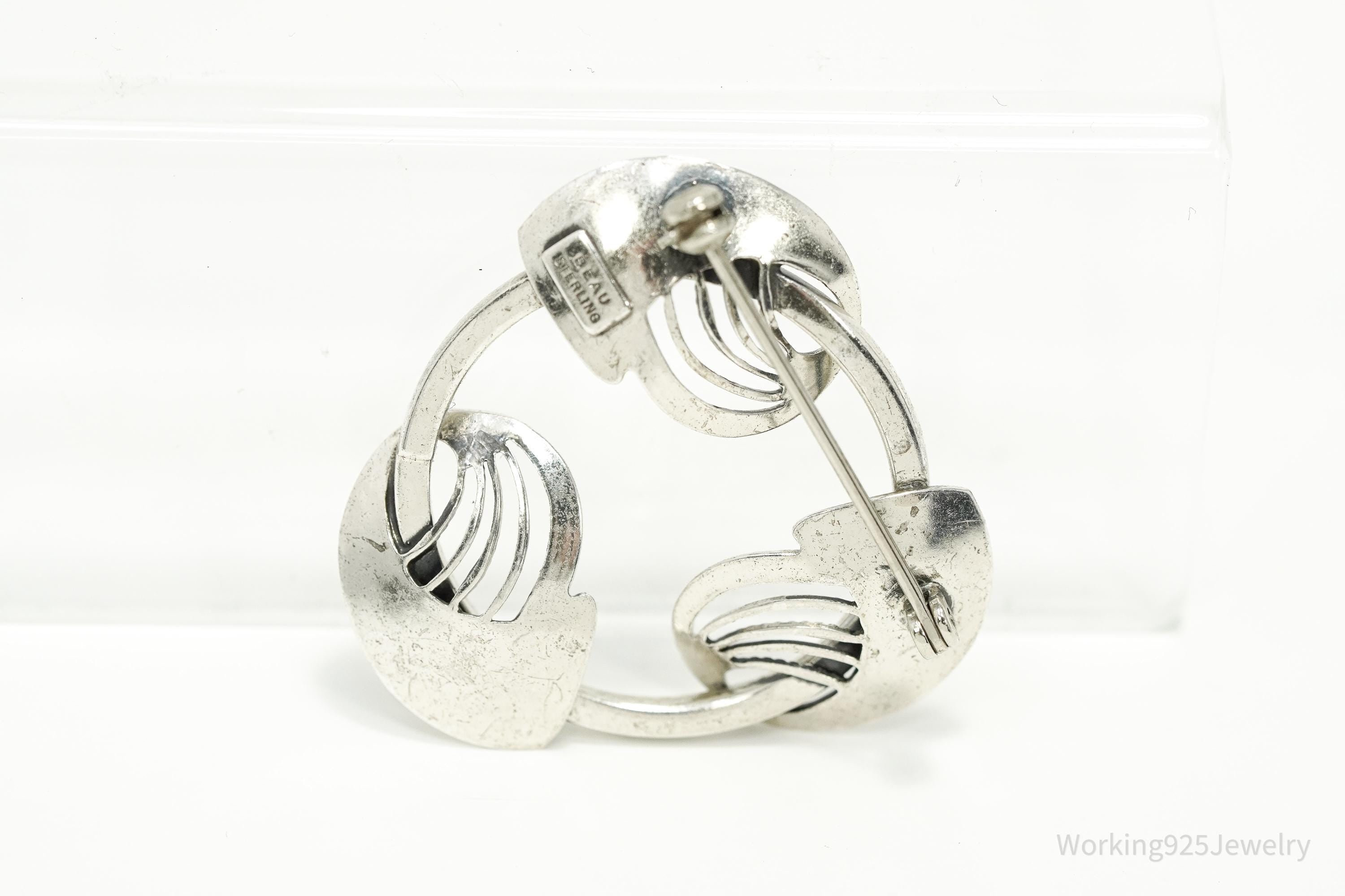 Large Vintage Designer BEAU Modernist Style Sterling Silver Brooch Pin