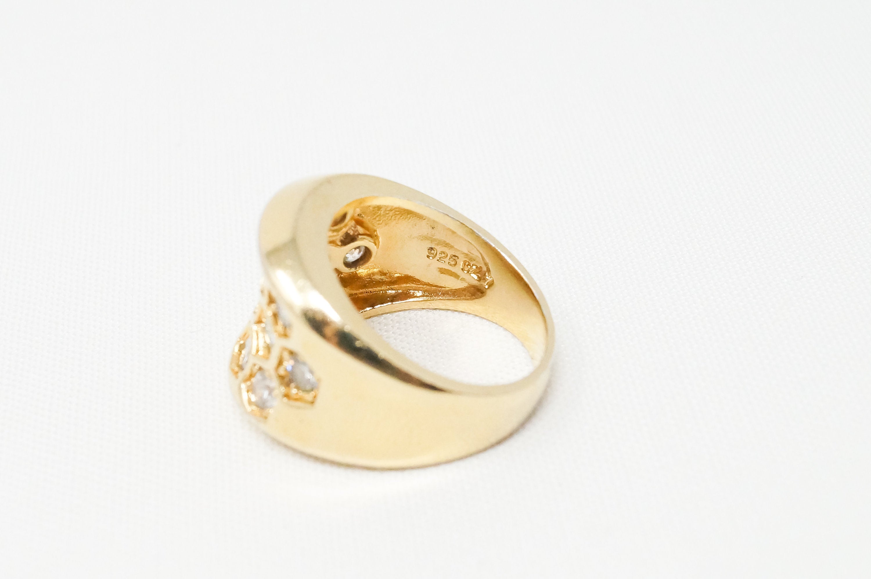 Vintage Art Deco Cubic Zirconia Honeycomb Gold Vermeil Sterling Silver Ring Sz 7