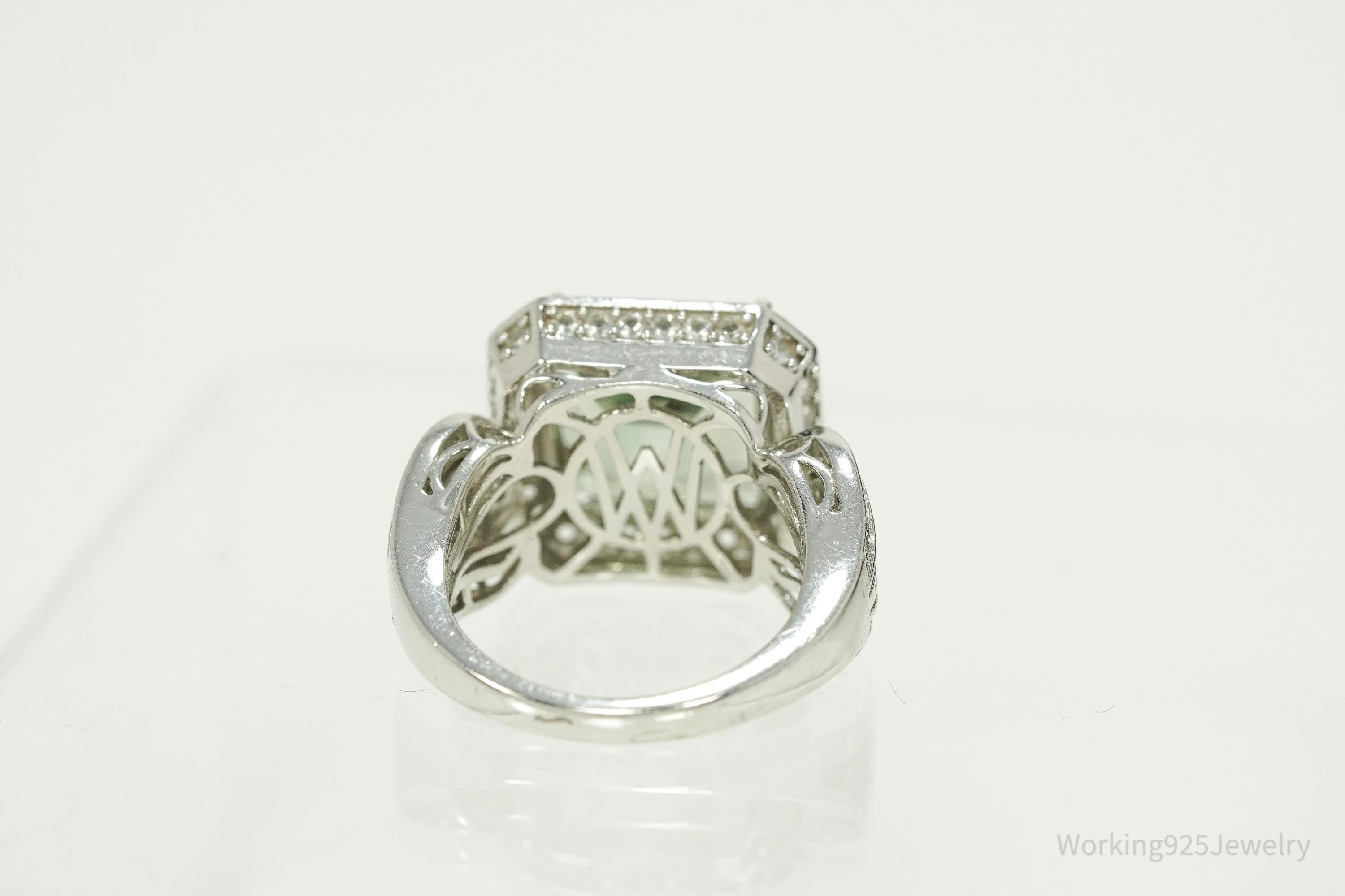 Large Green Amethyst & White Topaz Sterling Silver Ring - Size 7