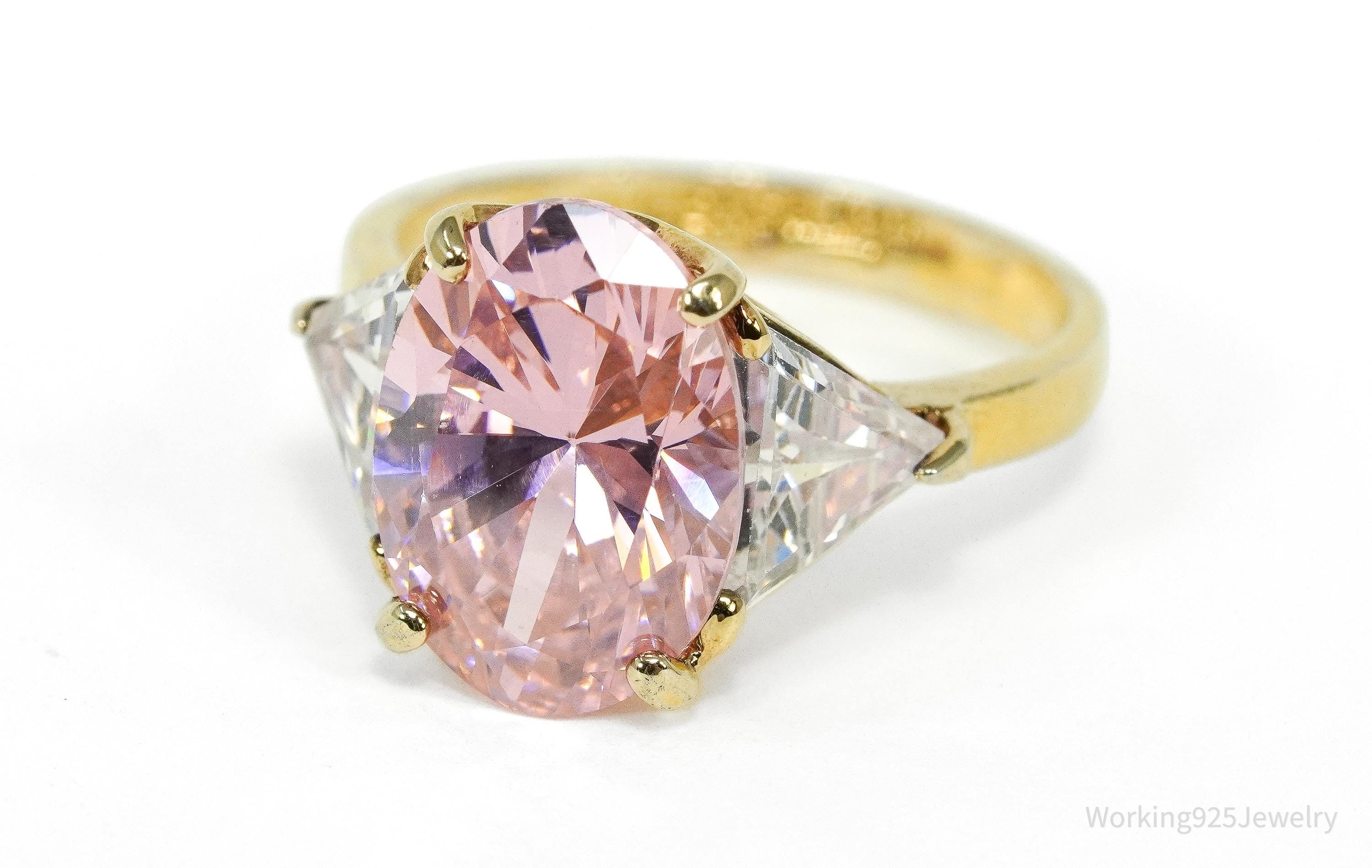 Vintage EDCO Pink & White Cubic Zirconia Gold Vermeil Sterling Silver Ring Size 8