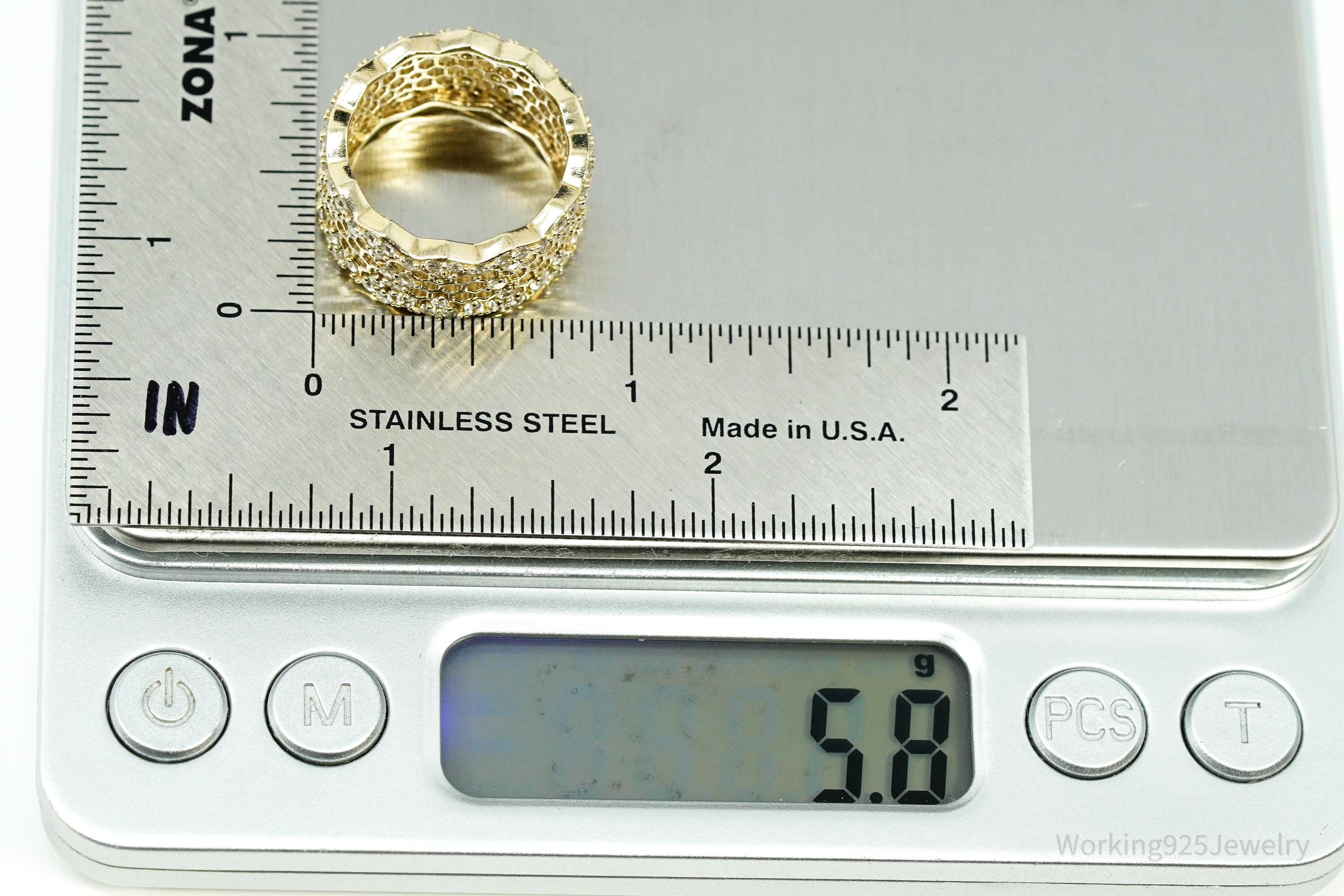 Vintage Cubic Zirconia Gold Vermeil Sterling Silver Honeycomb Lace Ring - Size 7