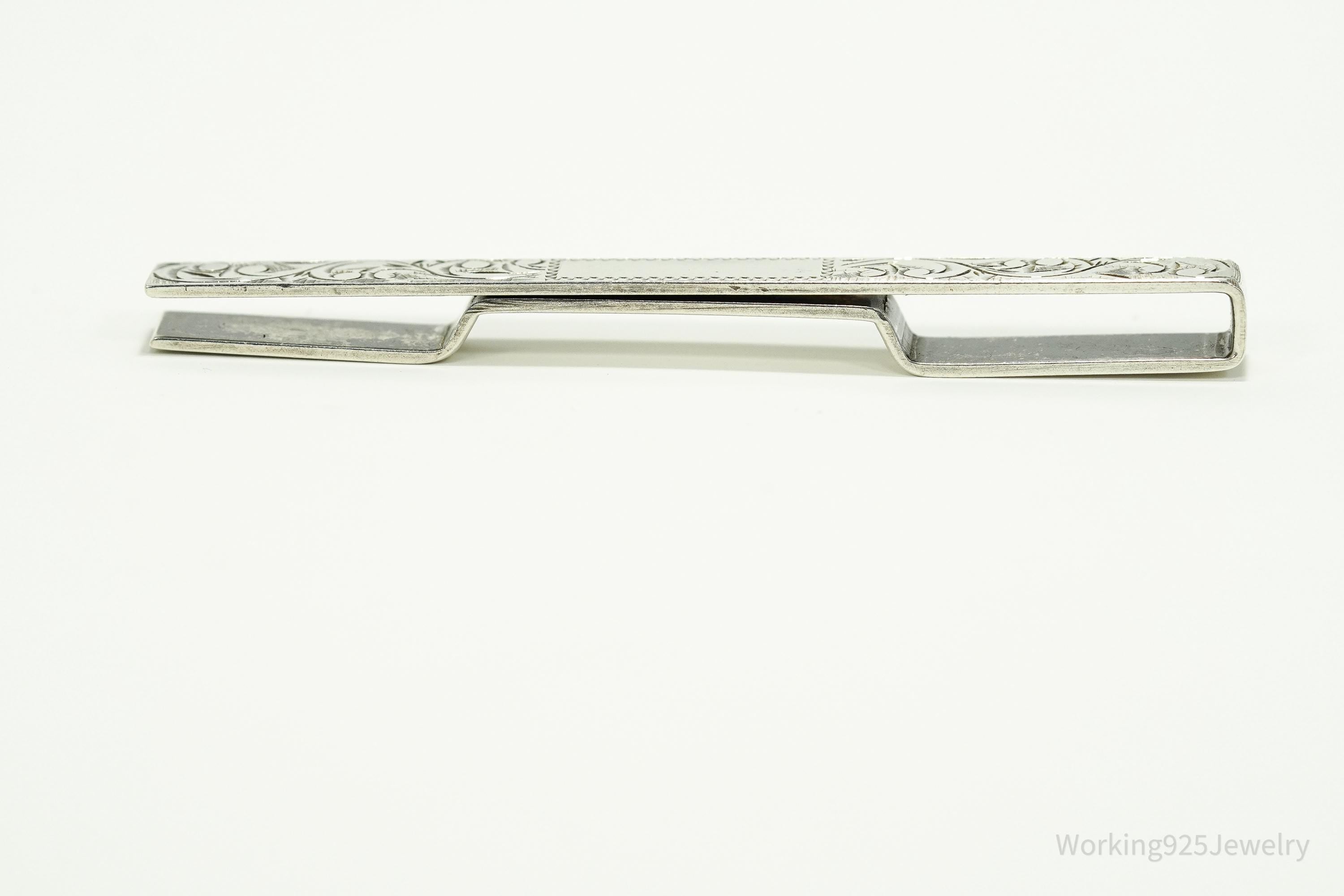 Vintage Floral Etched 950 Sterling Silver Money Tie Money Clip