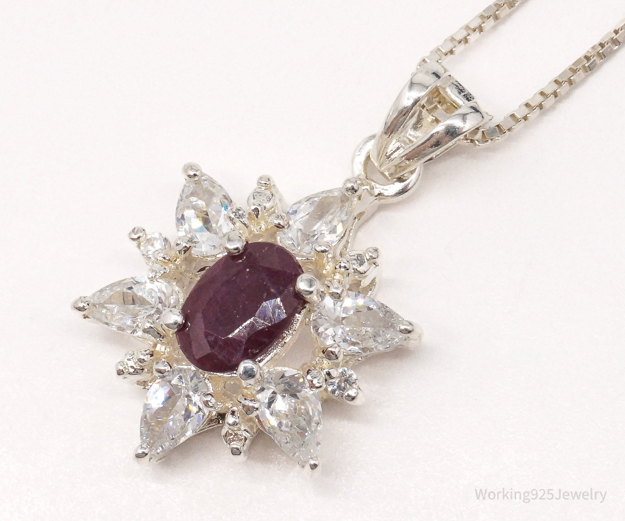 Vintage Raw Cut Ruby Cubic Zirconia Flower Sterling Silver Necklace 18"