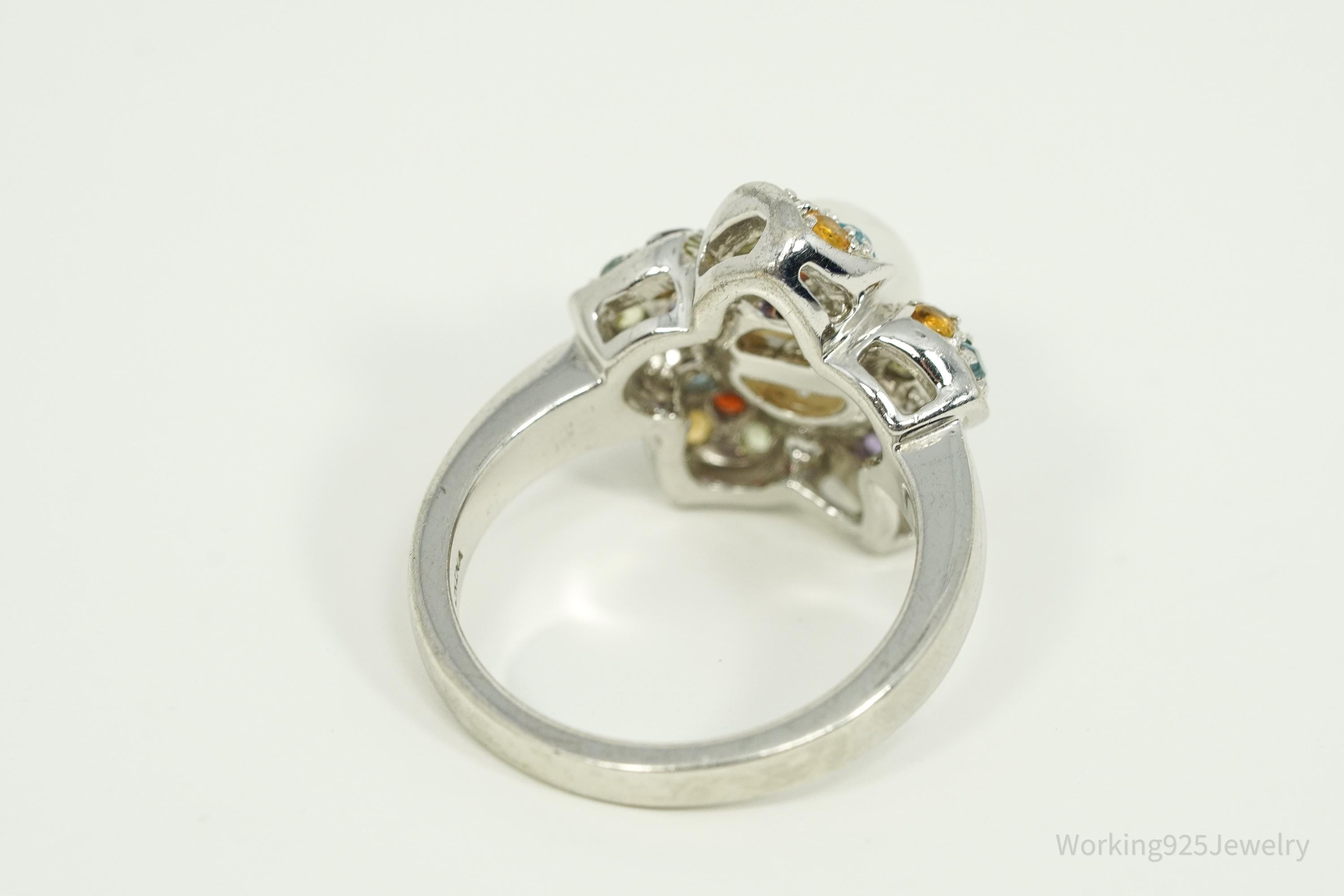 Vintage Designer Pearl & Multi Gem Sterling Silver Ring - Size 8
