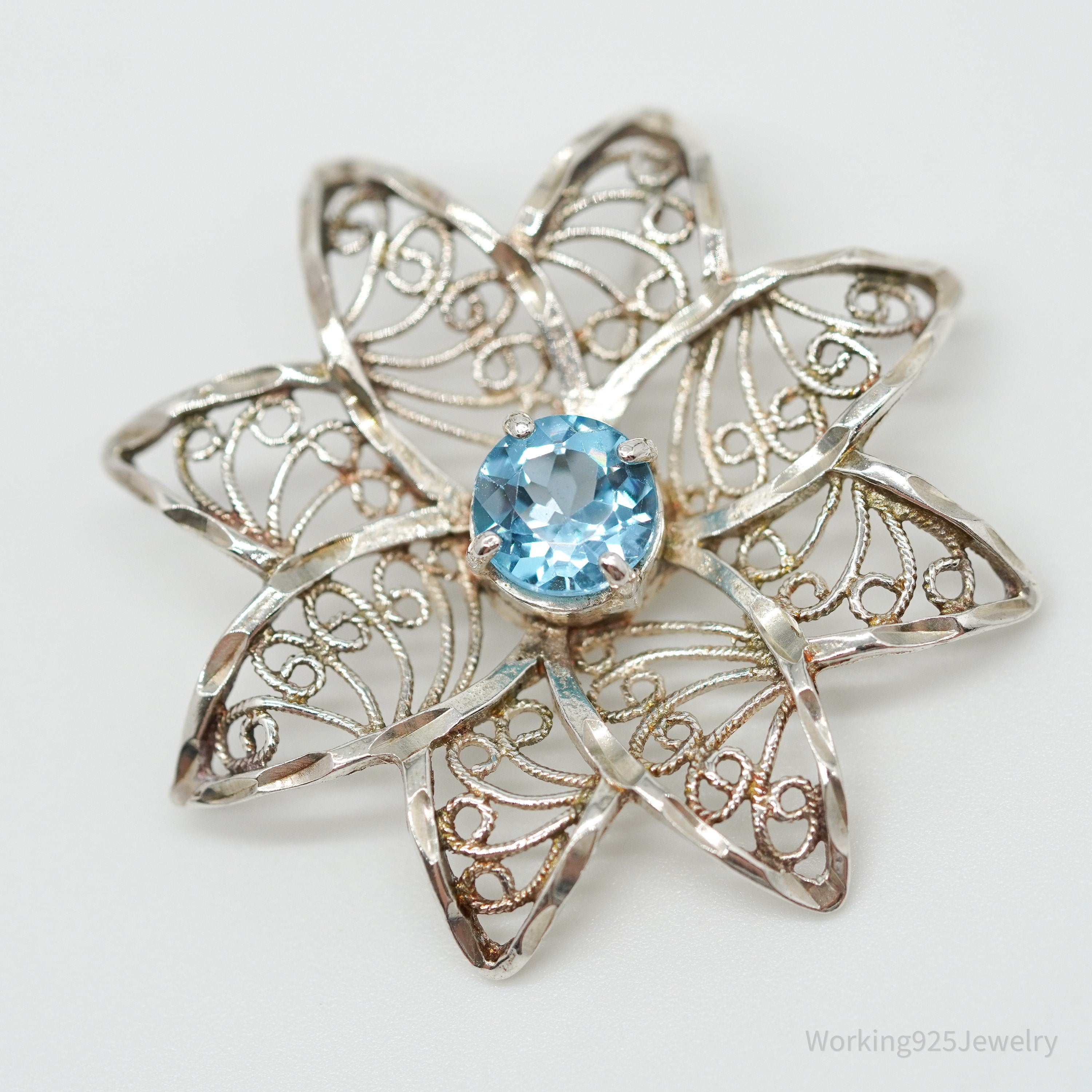 Vintage Ornate Blue Topaz Flower Sterling Silver Necklace Pendant