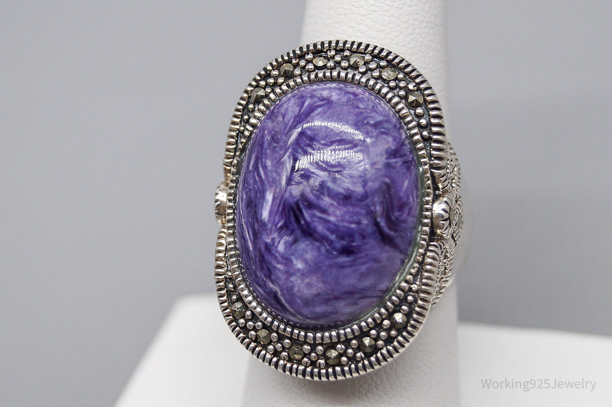 Vintage Charoite Marcasite Sterling Silver Ring - Size 7.75