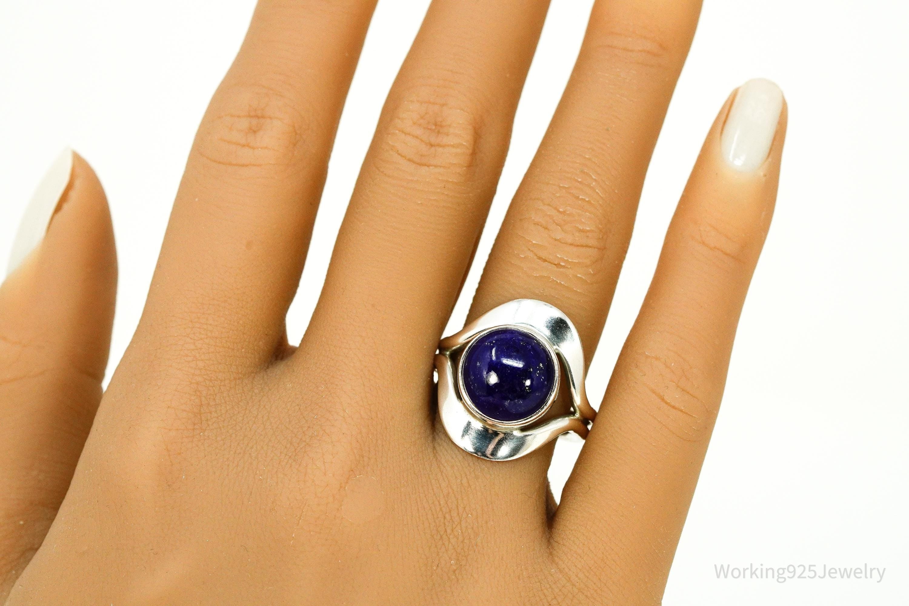 Vintage Mexico Lapis Lazuli Modernist Style Sterling Silver Ring Size 8.25