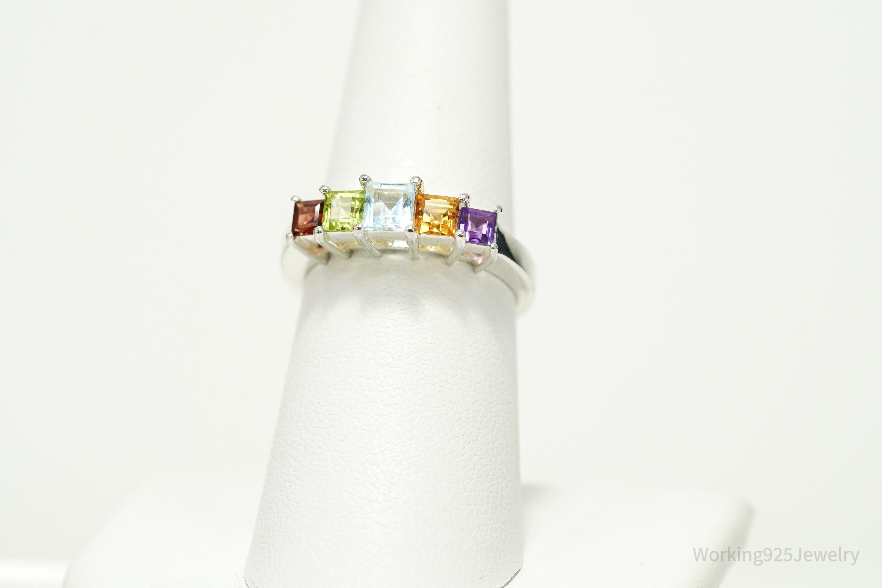Vintage Rainbow Multi Gemstone Sterling Silver Band Ring – Size 7