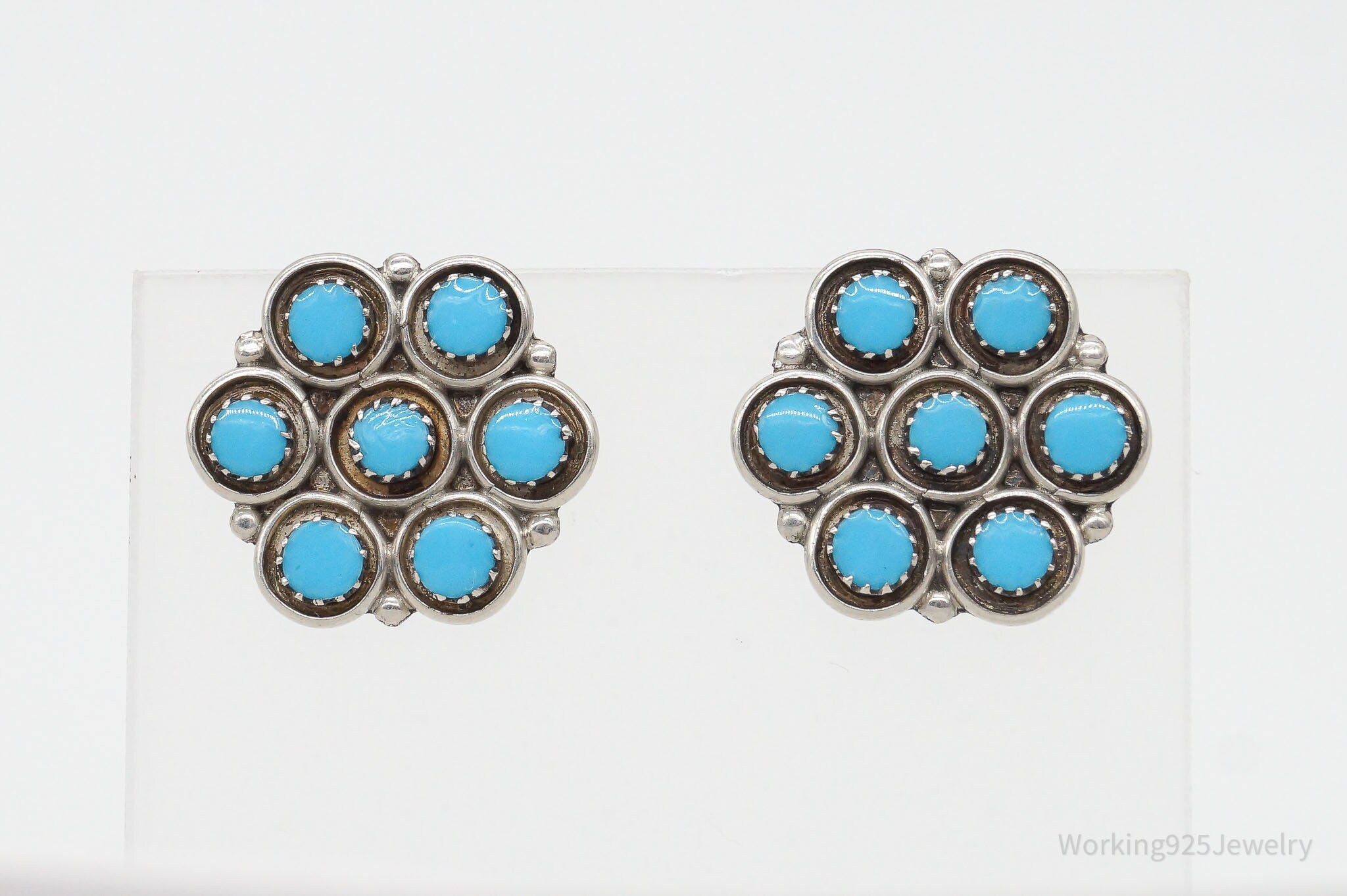 Vintage Native American Turquoise Petit Point Sterling Silver Earrings