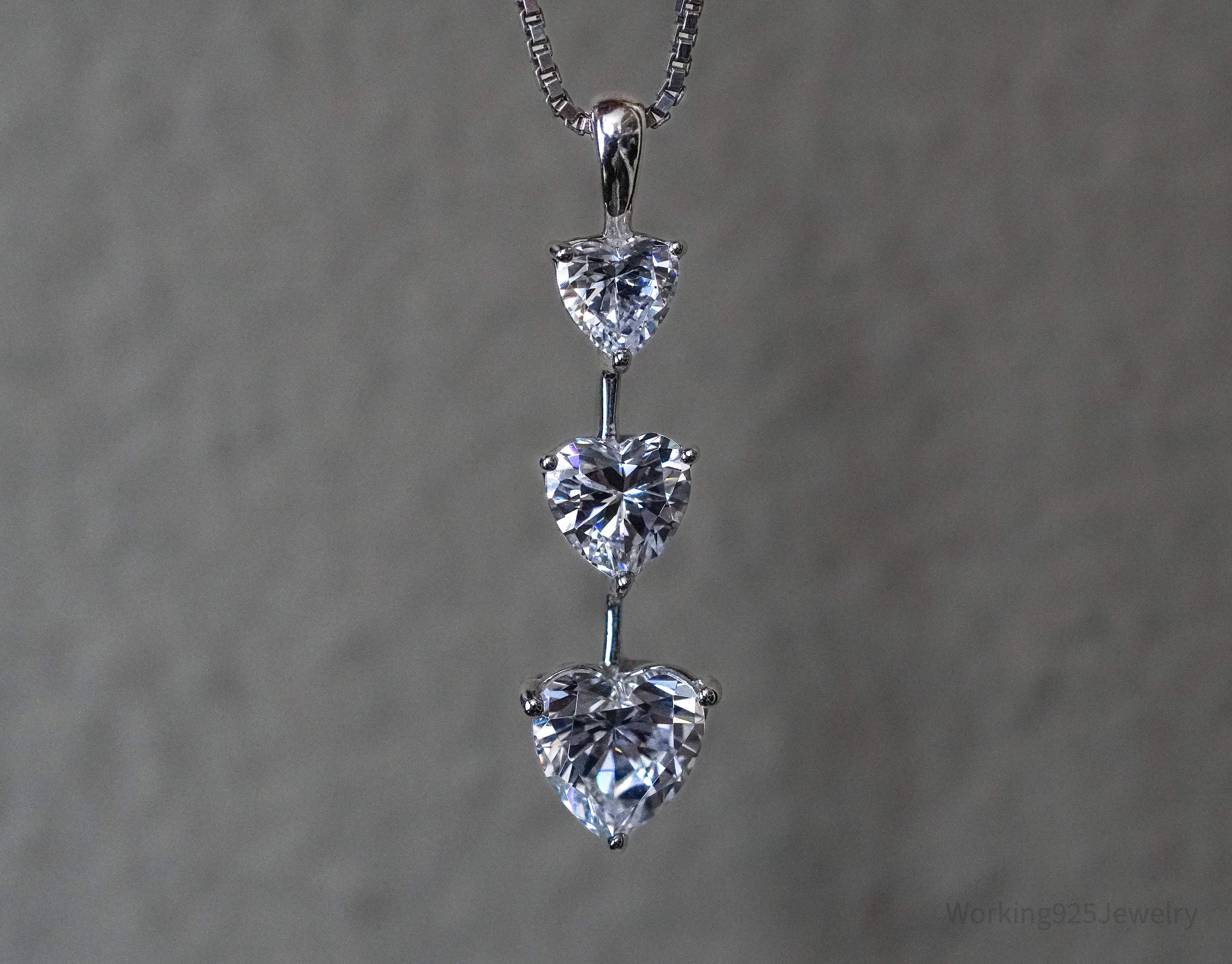 Vintage Cubic Zirconia Hearts Sterling Silver Necklace 20"