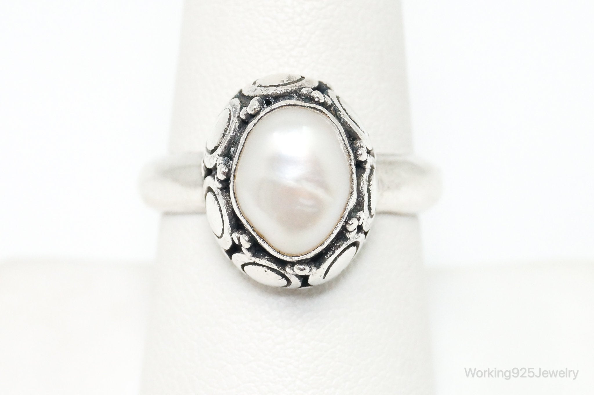 Vintage Designer BA Suarti Pearl Sterling Silver Ring Size 8.5