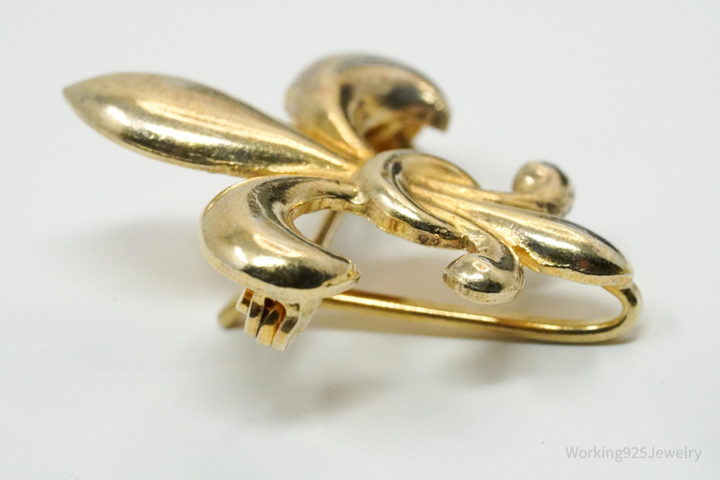 Vintage Fleur De Lis Gold Vermeil Sterling Silver Brooch Pin