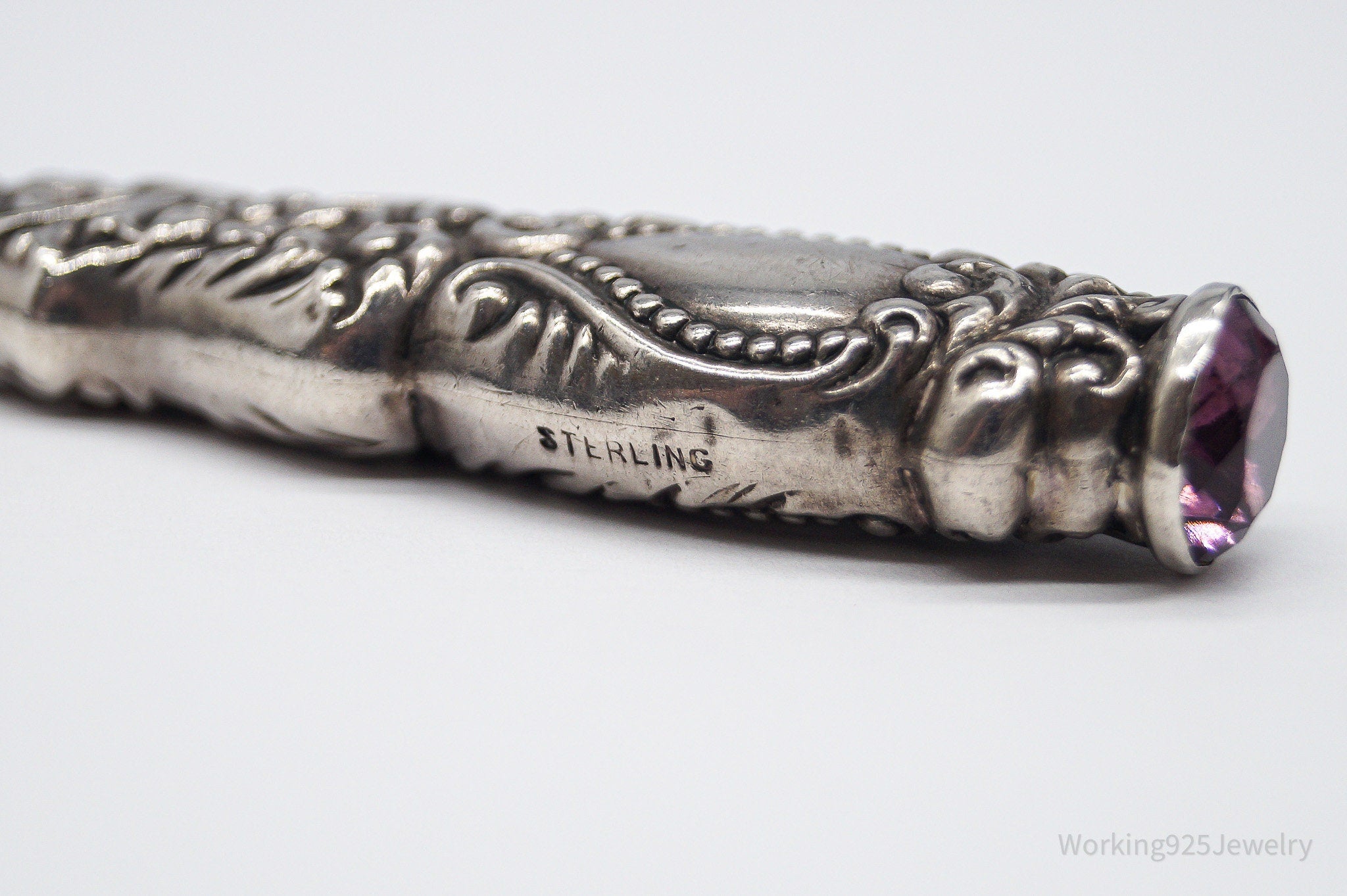 Large Rare Antique Repousse Purple Glass End Sterling Silver Nail File