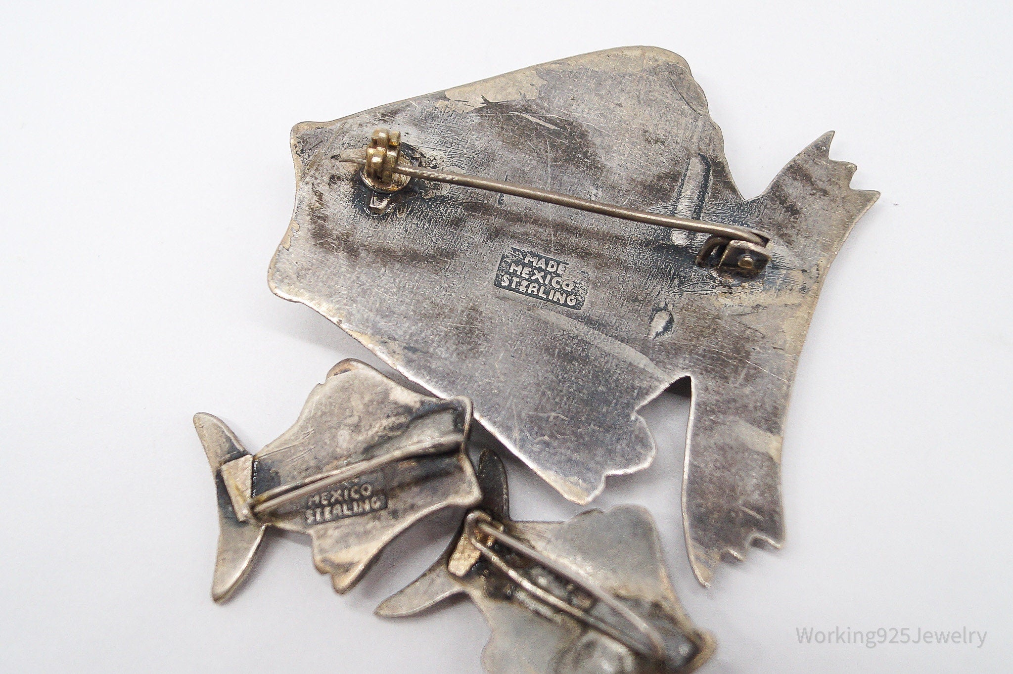 RARE Vintage Mexico Modernist Fish Turquoise Sterling Silver Brooch Pin & Earrings Set