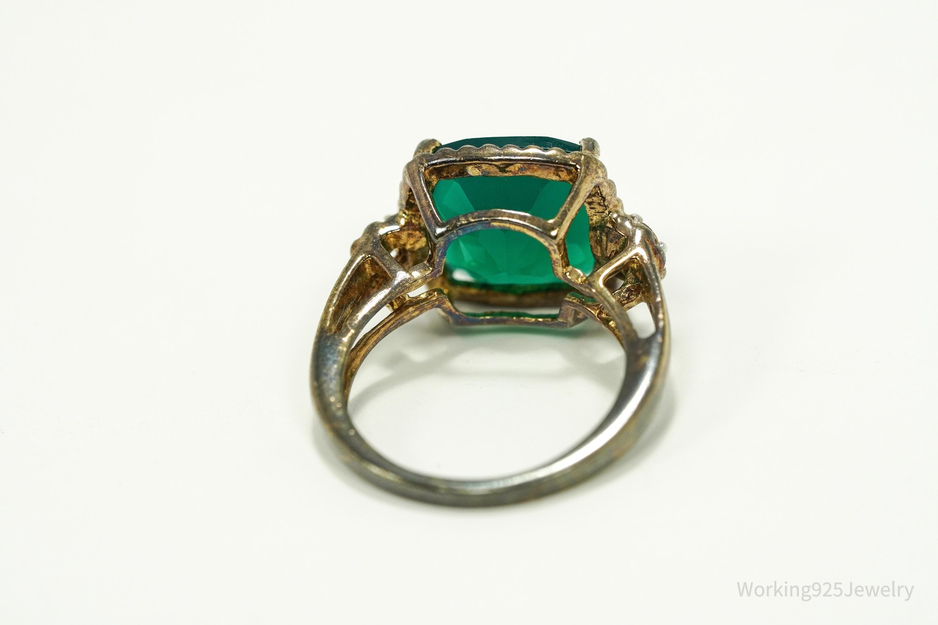 Vintage Green Onyx & Cubic Zirconia Gold Vermeil Sterling Silver Ring - Size 5.25
