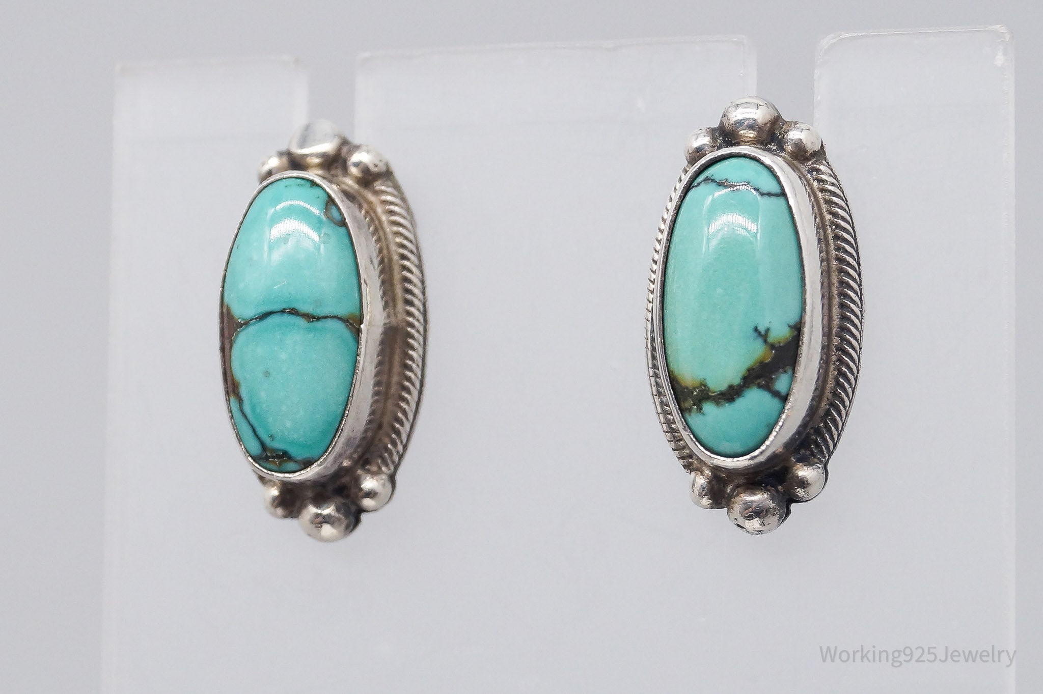 Vintage Native American JW Turquoise Sterling Silver Earrings