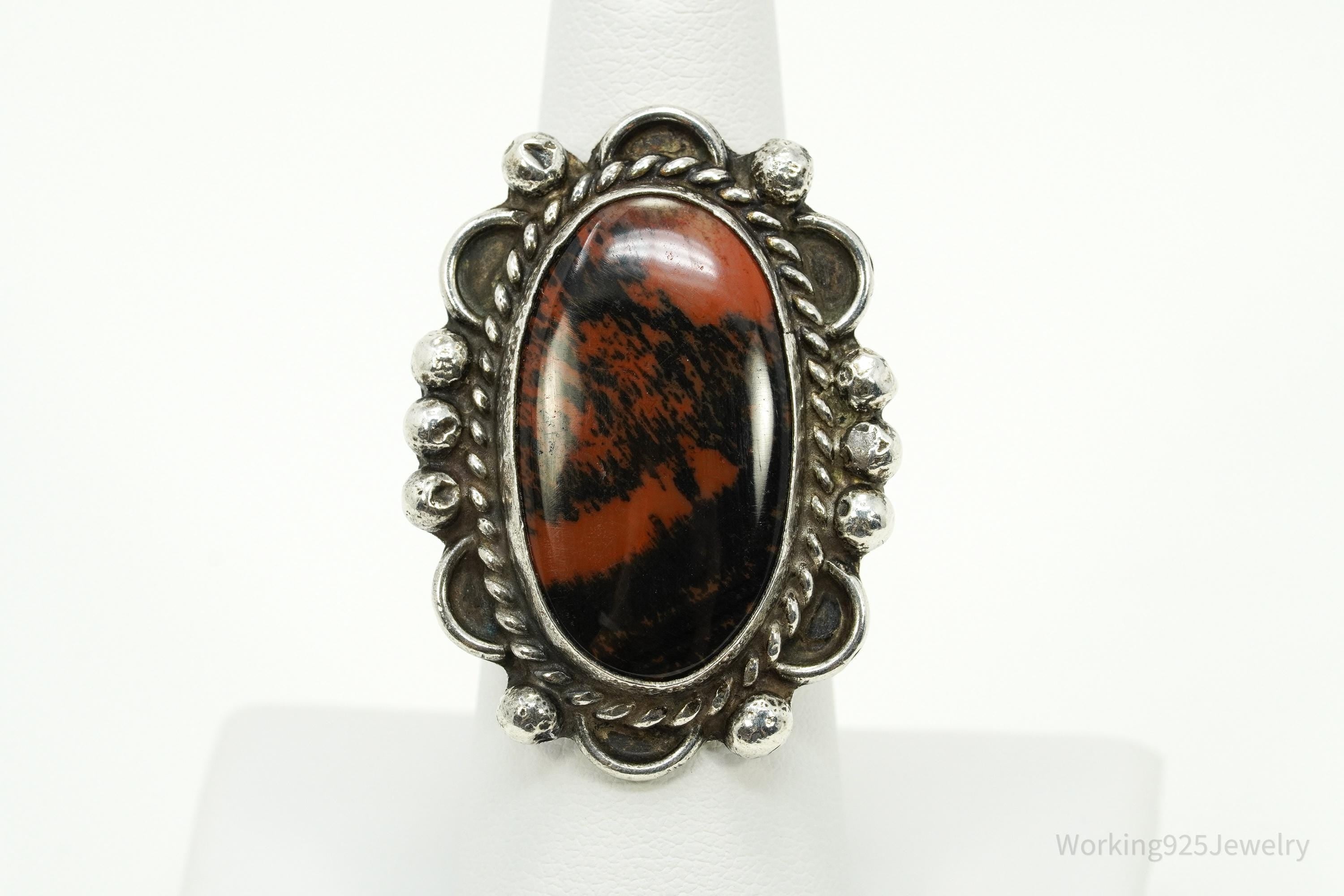 Vintage Native American Petrified Wood Stone Silver Ring - Size 7.25