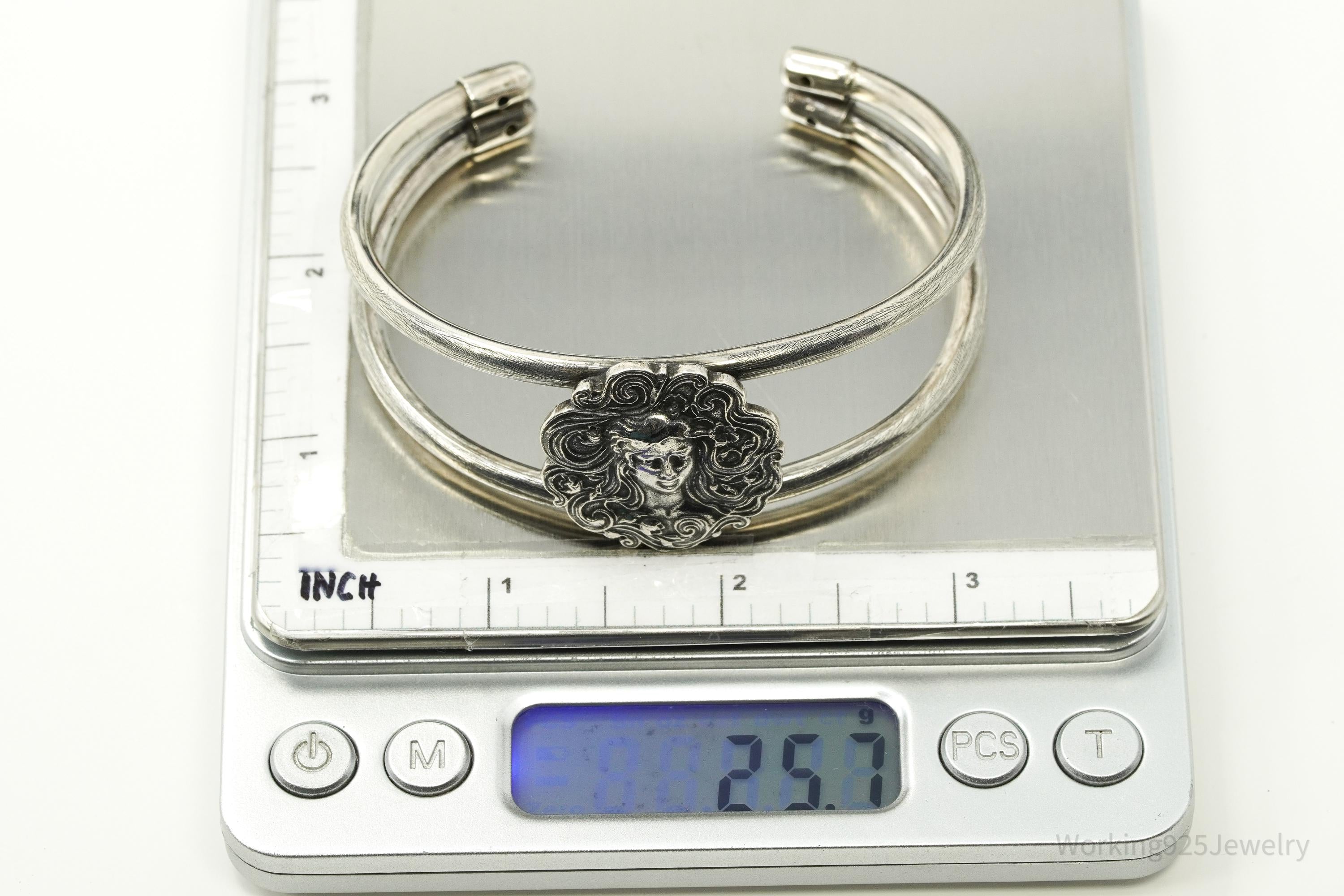 Vintage Art Nouveau Style Sterling Silver Cuff Bracelet 7.5"