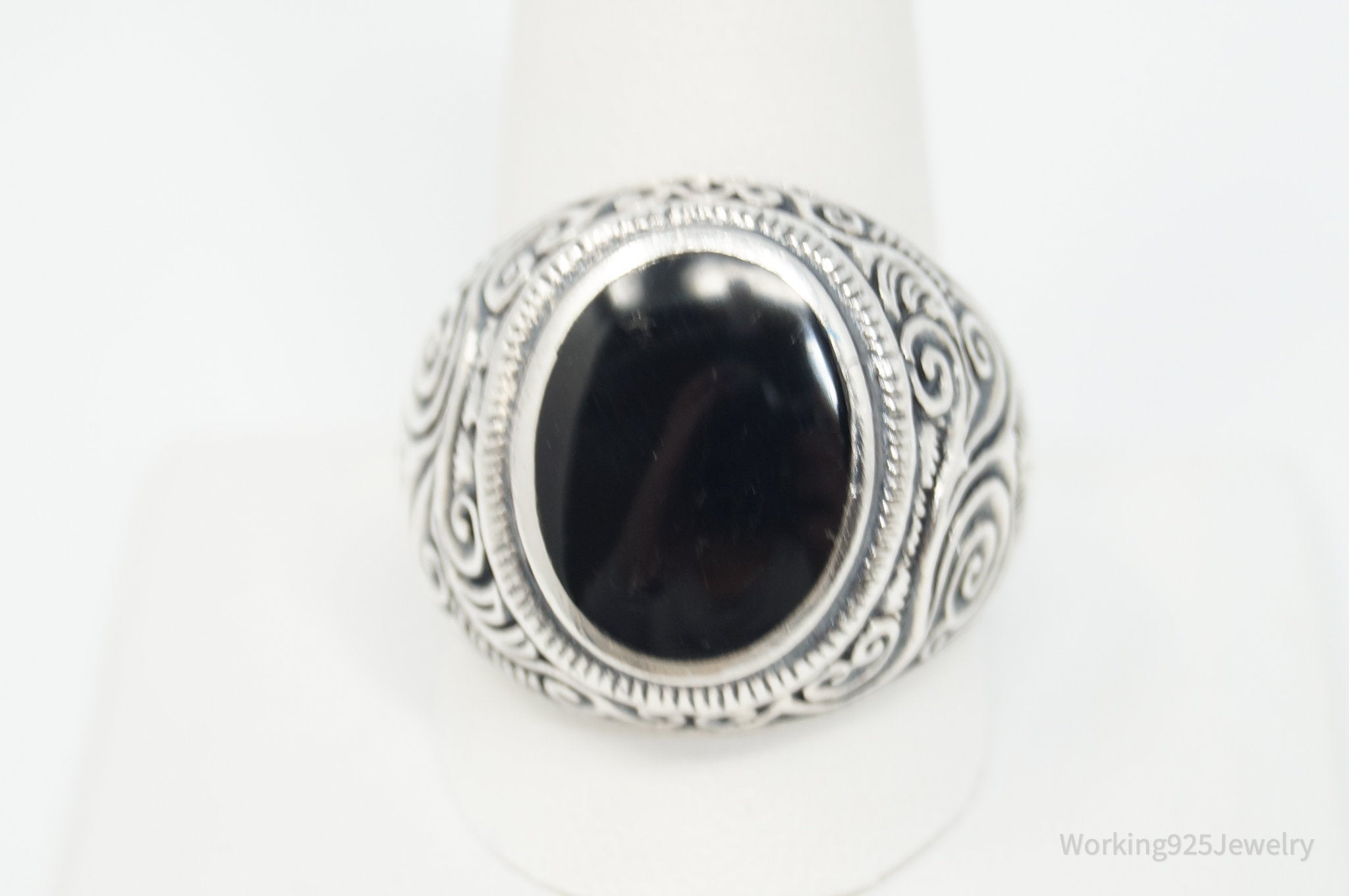 Large Vintage Black Onyx Etched Scroll Sterling Silver Ring - Sz 12
