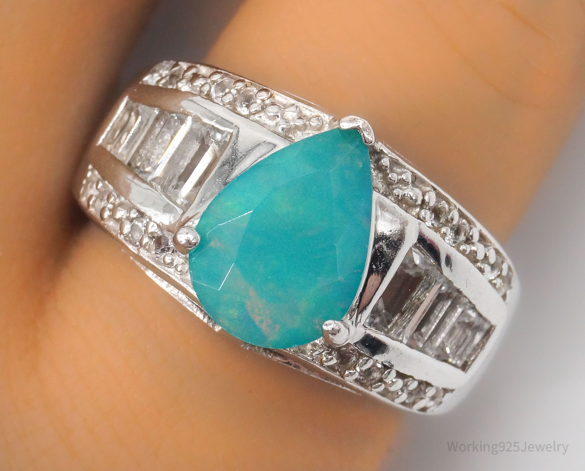 Vintage Designer Blue Fire Opal White Topaz Sterling Silver Ring - Size 4.75