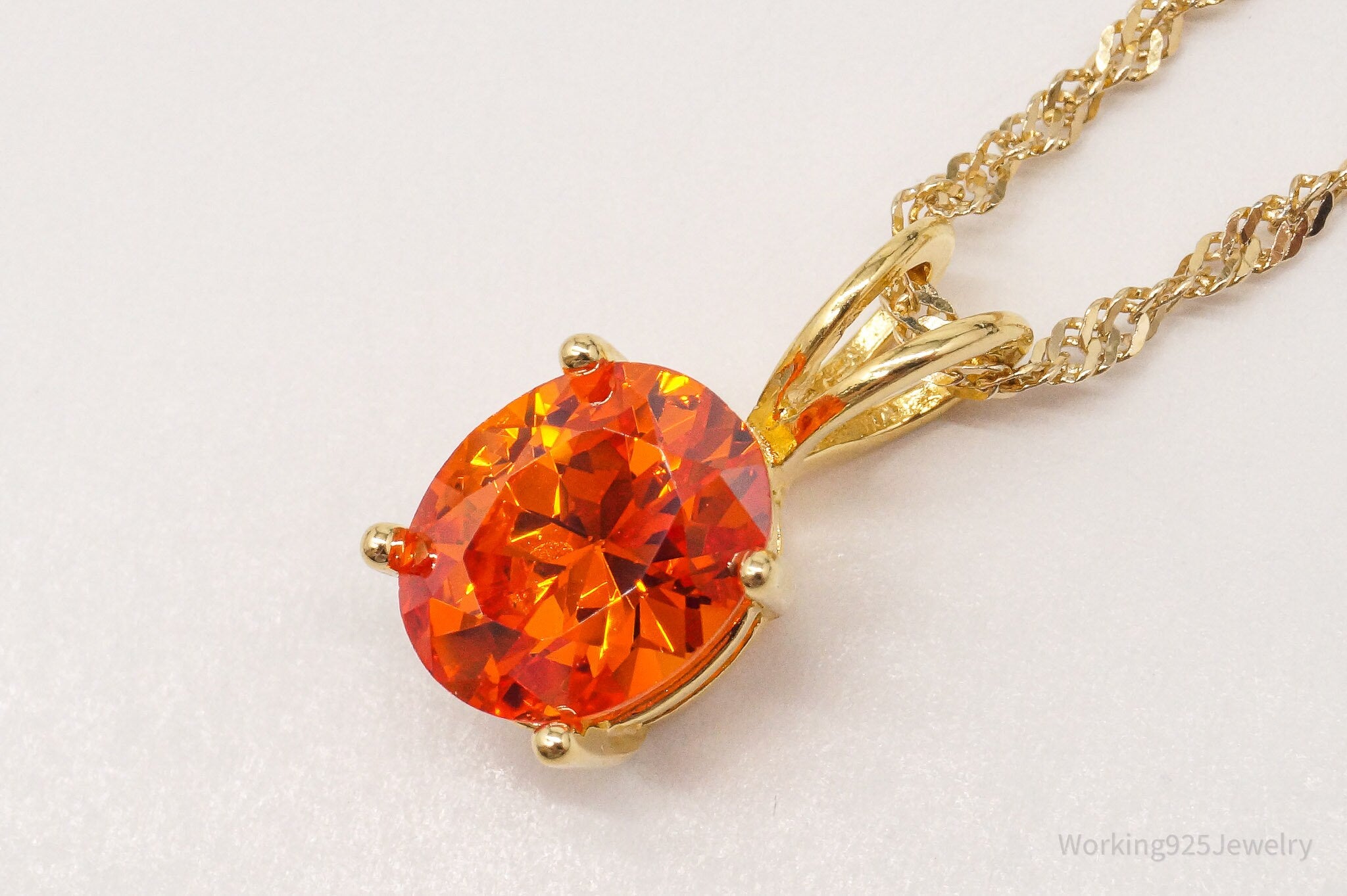 Vintage Fire Orange Cubic Zirconia Gold Vermeil Sterling Silver Necklace 18"