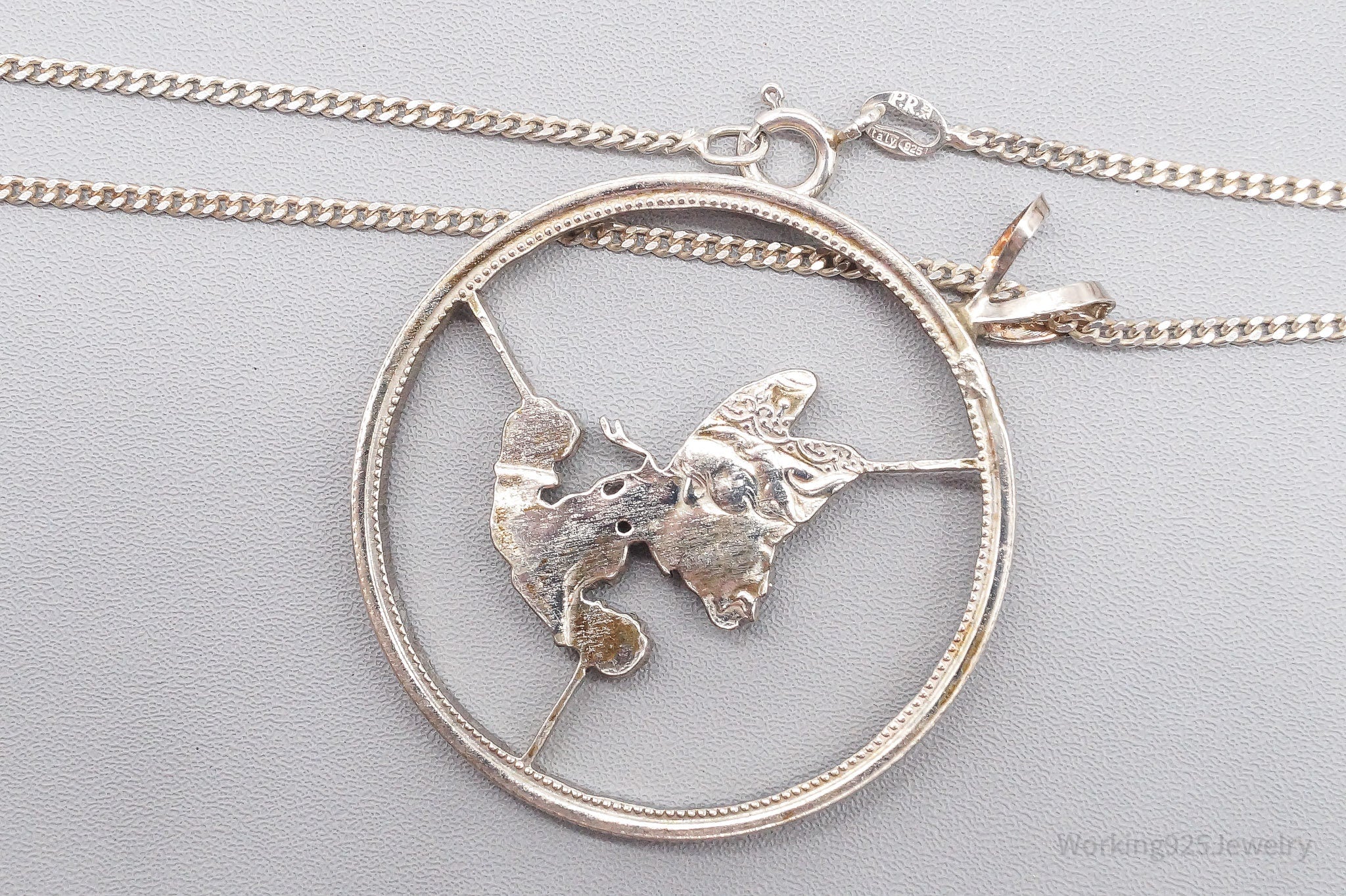 Antique Butterfly Cut Silver Coin Turned Pendant Sterling Silver Necklace 24"