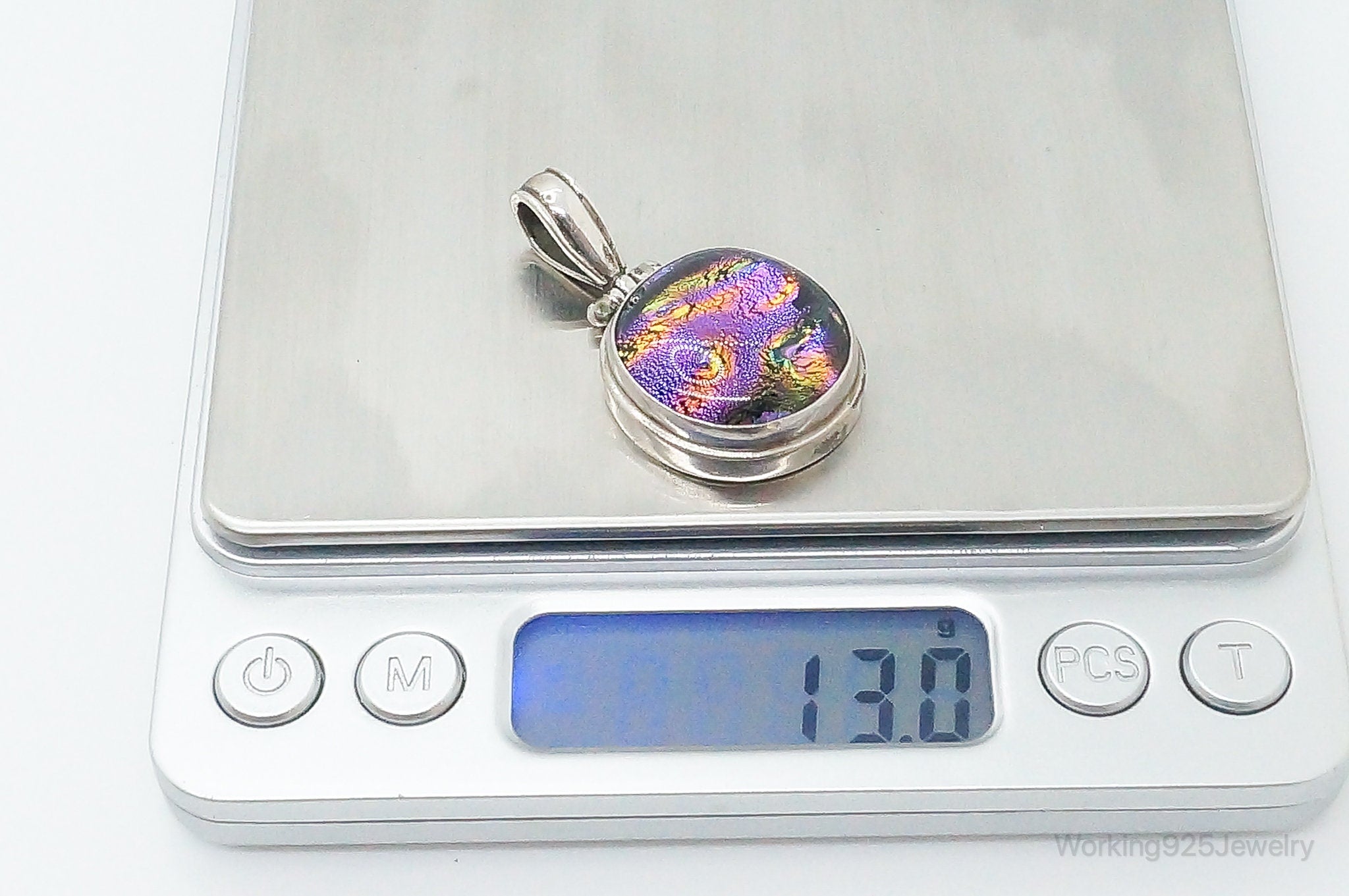 Vintage Large Dichroic Glass Sterling Silver Necklace Pendant