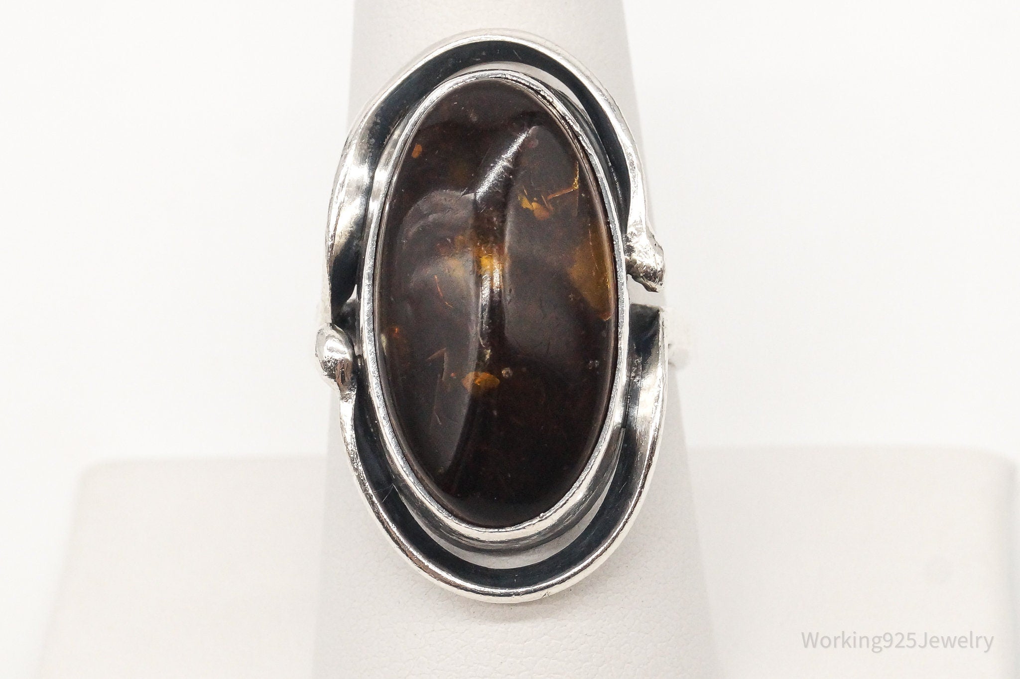 Vintage Polish Amber Modernist Sterling Silver Ring - Size 8.25