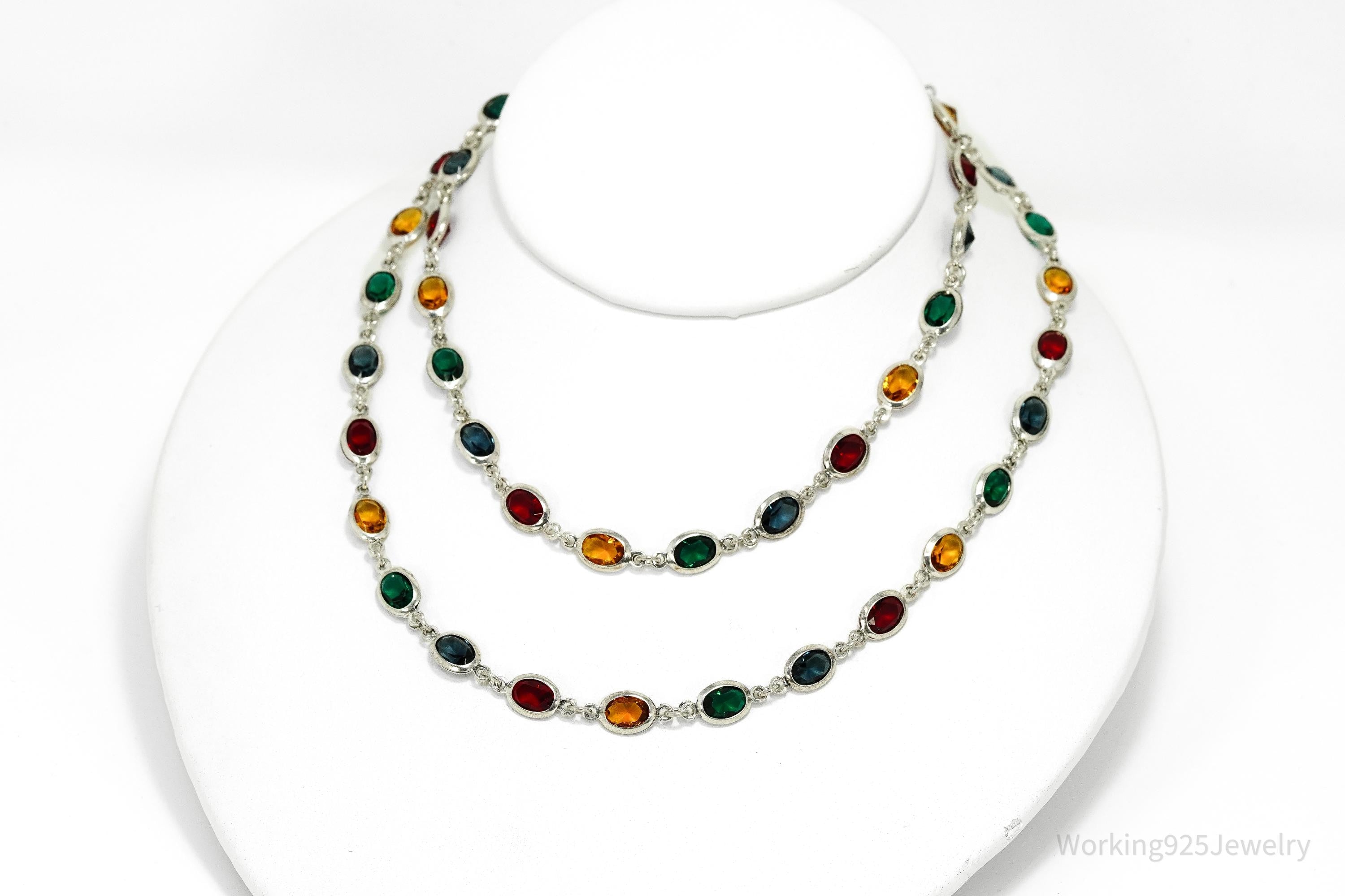 Vintage Italian Designer Milor Multi Color Glass Stone Sterling Silver Necklace 30"