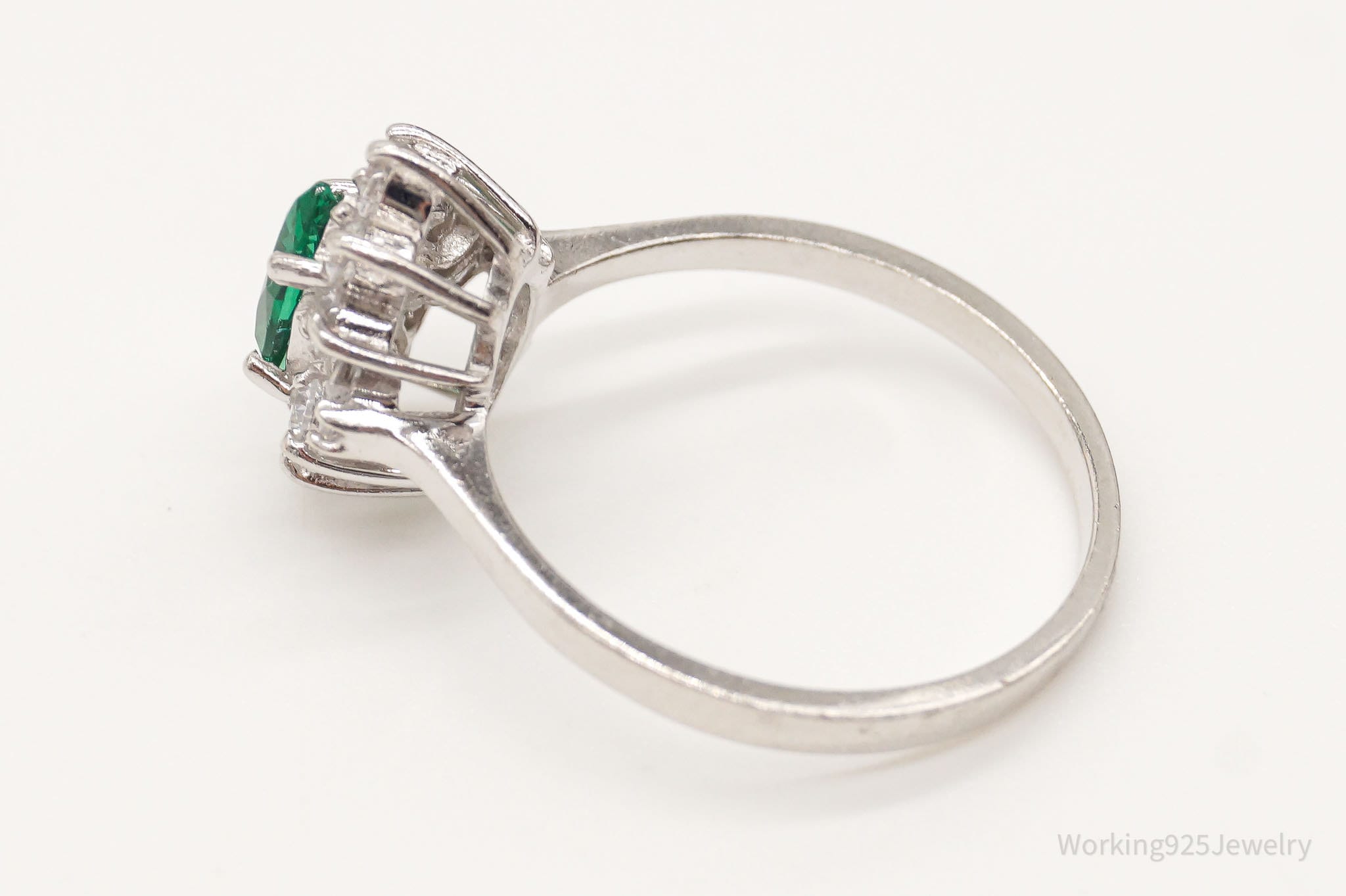 Vintage Lab Emerald Cubic Zirconia Sterling Silver Ring - Size 6.75