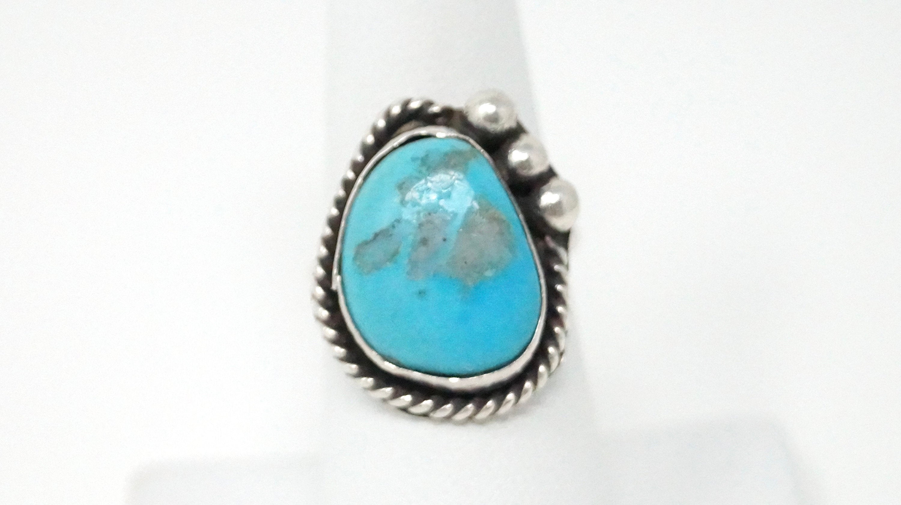 Vintage Native Turquoise Sterling Silver Rope Detail Ring - Size 7 1/4