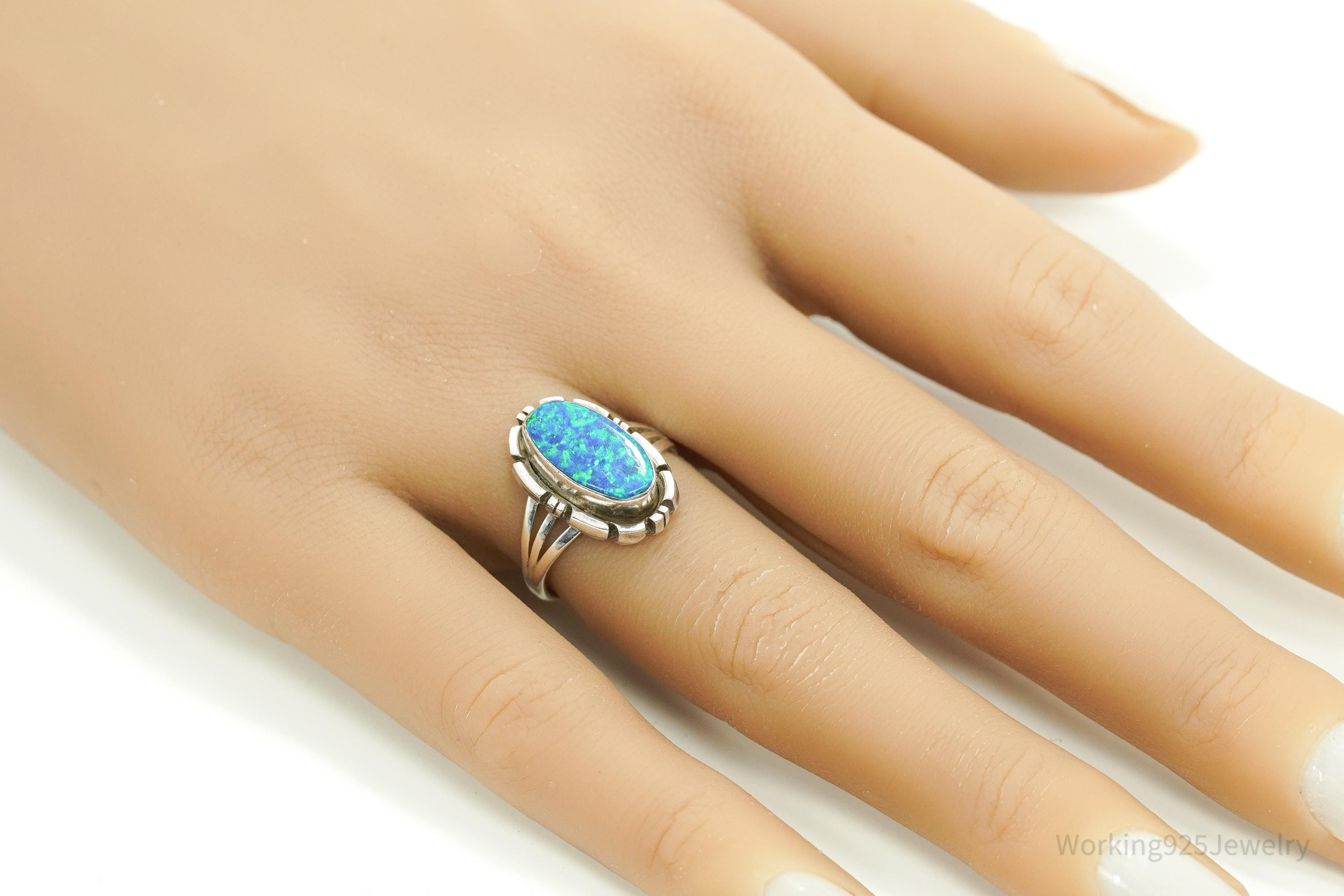 Vintage Handmade Native American Jerry Cowboy Opal Sterling Silver Ring SZ 7