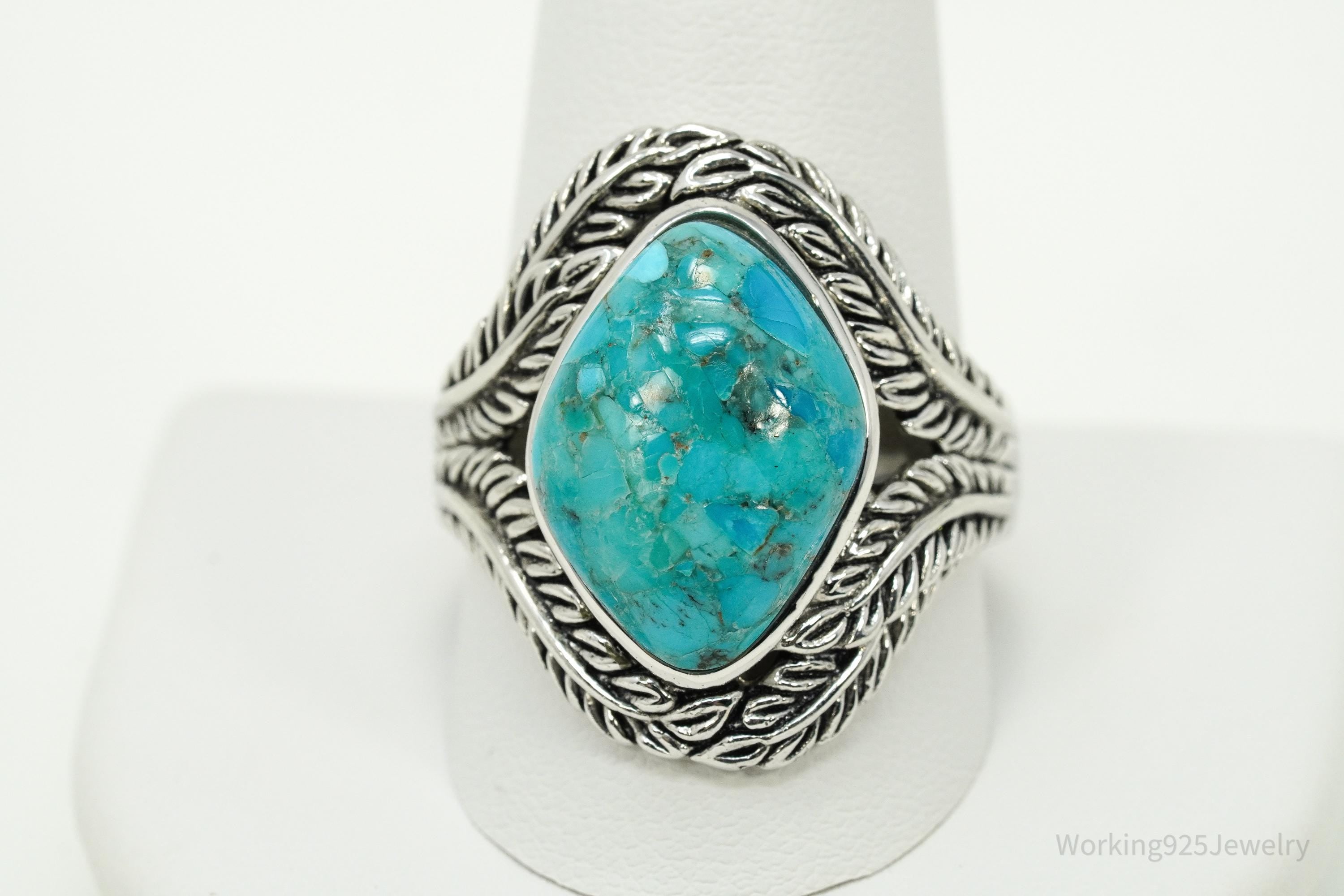 Designer BBJ Turquoise Wrapped Feathers Leaves Design Sterling Silver Ring - Size 12